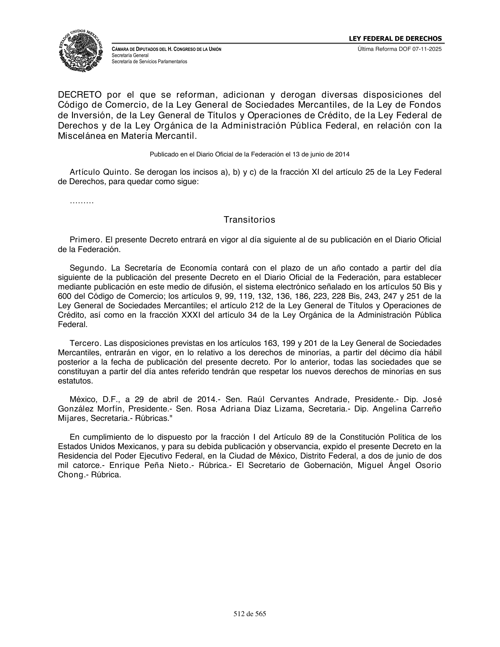 Ley Federal de Derechos — official Chamber compilation — original physical page 512 of 565; complete original page image governs, native search text may be incomplete.