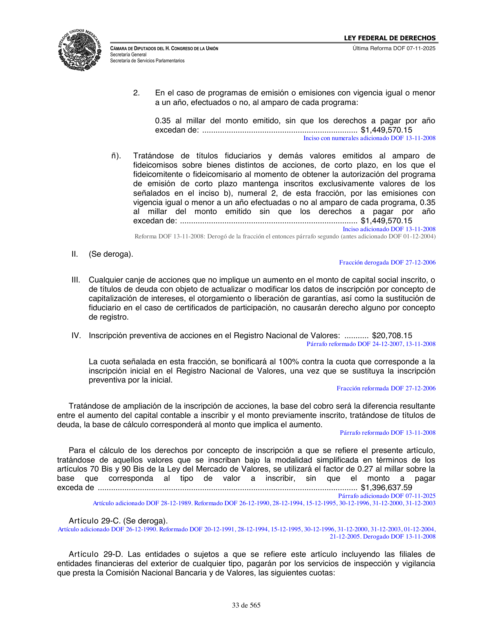 Ley Federal de Derechos — official Chamber compilation — original physical page 33 of 565; complete original page image governs, native search text may be incomplete.