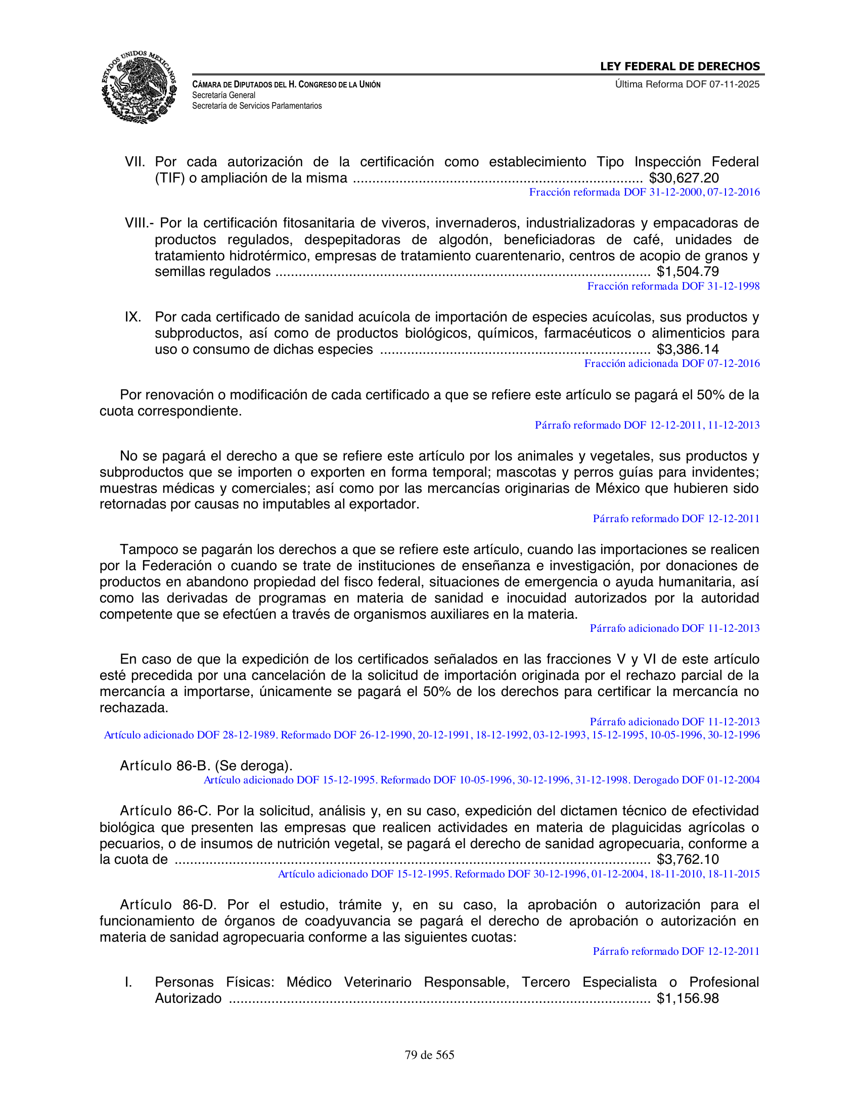 Ley Federal de Derechos — official Chamber compilation — original physical page 79 of 565; complete original page image governs, native search text may be incomplete.