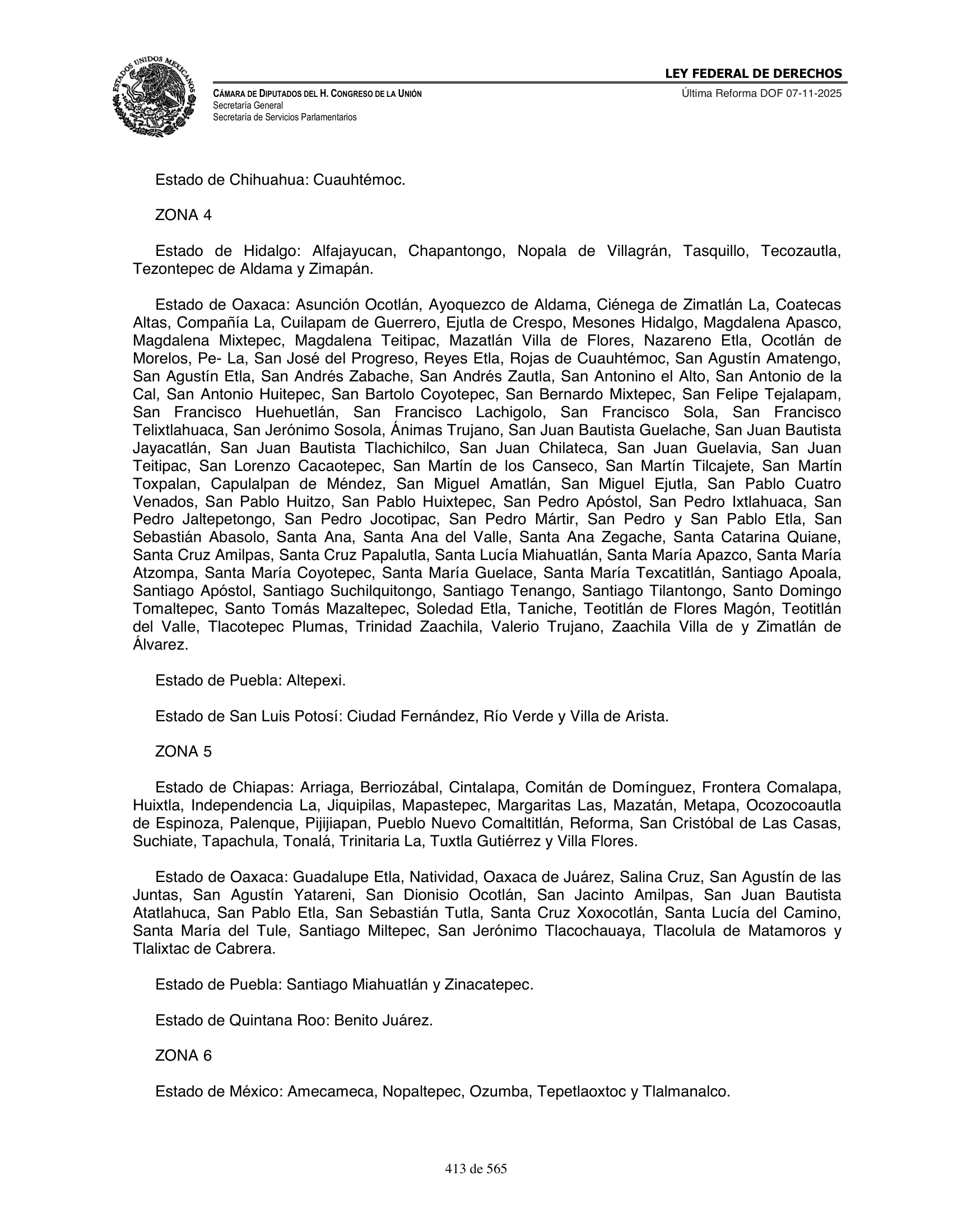 Ley Federal de Derechos — official Chamber compilation — original physical page 413 of 565; complete original page image governs, native search text may be incomplete.