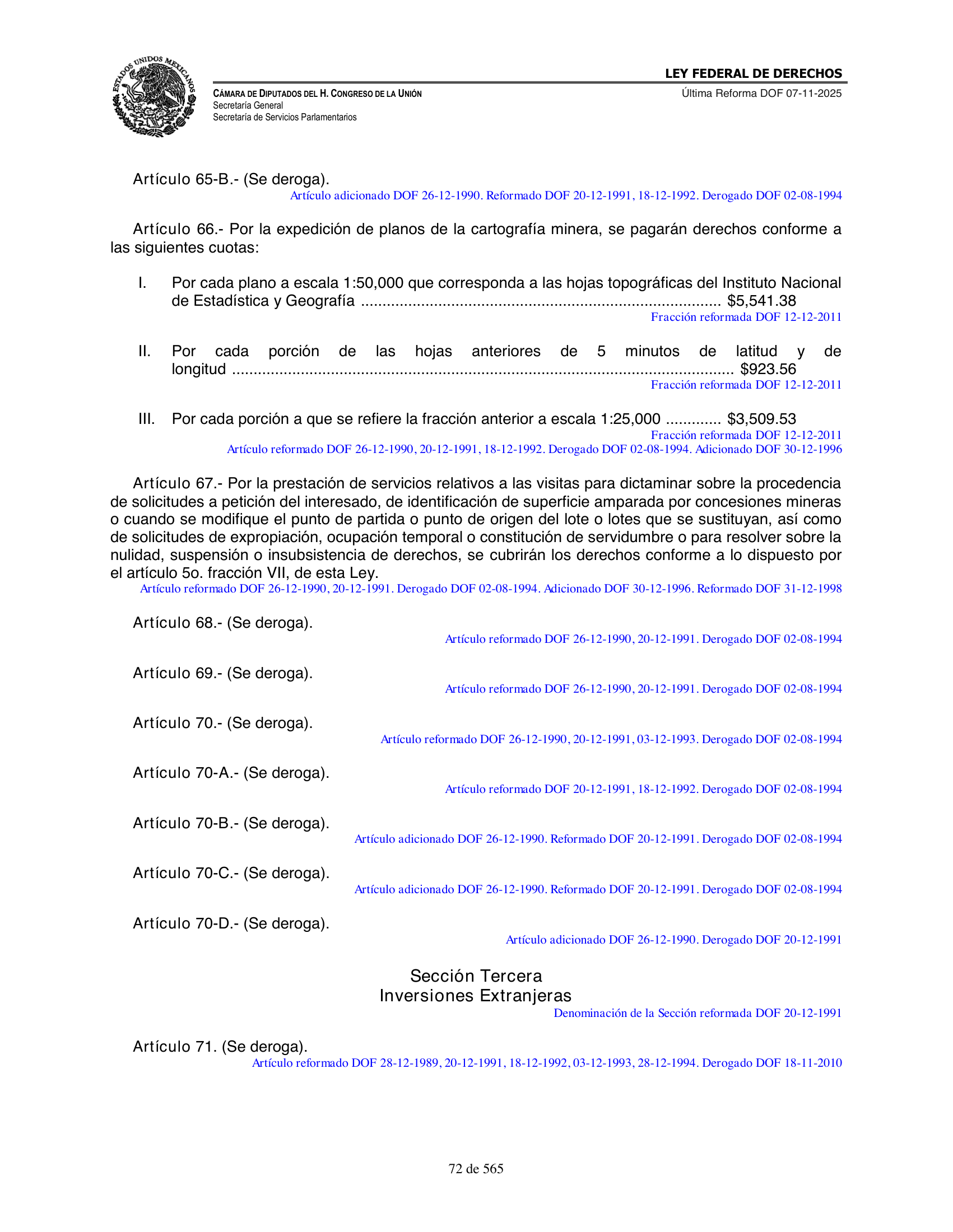 Ley Federal de Derechos — official Chamber compilation — original physical page 72 of 565; complete original page image governs, native search text may be incomplete.