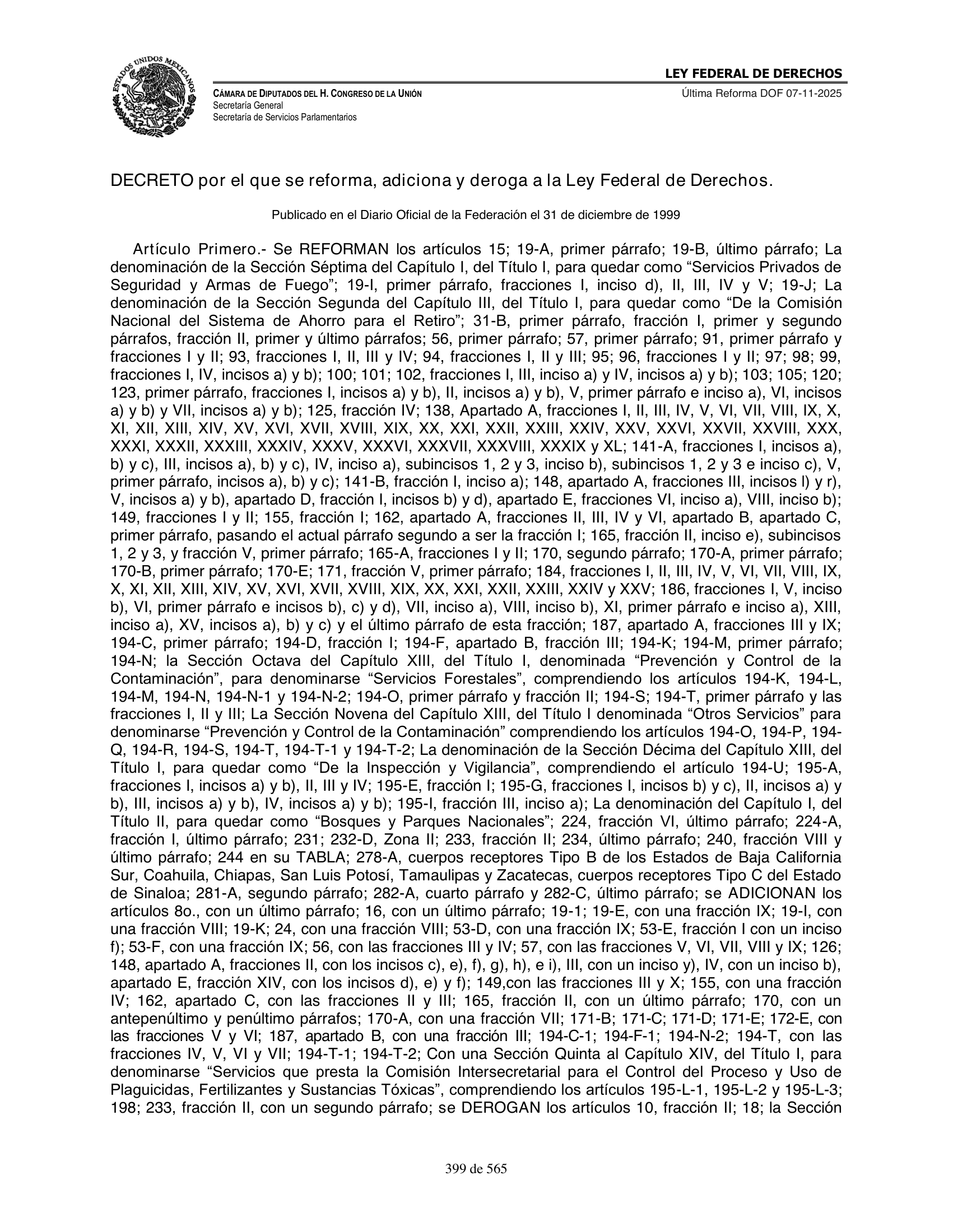 Ley Federal de Derechos — official Chamber compilation — original physical page 399 of 565; complete original page image governs, native search text may be incomplete.