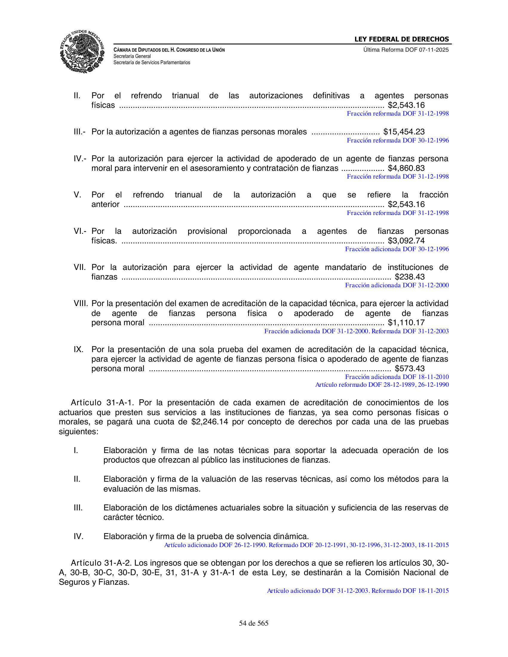 Ley Federal de Derechos — official Chamber compilation — original physical page 54 of 565; complete original page image governs, native search text may be incomplete.