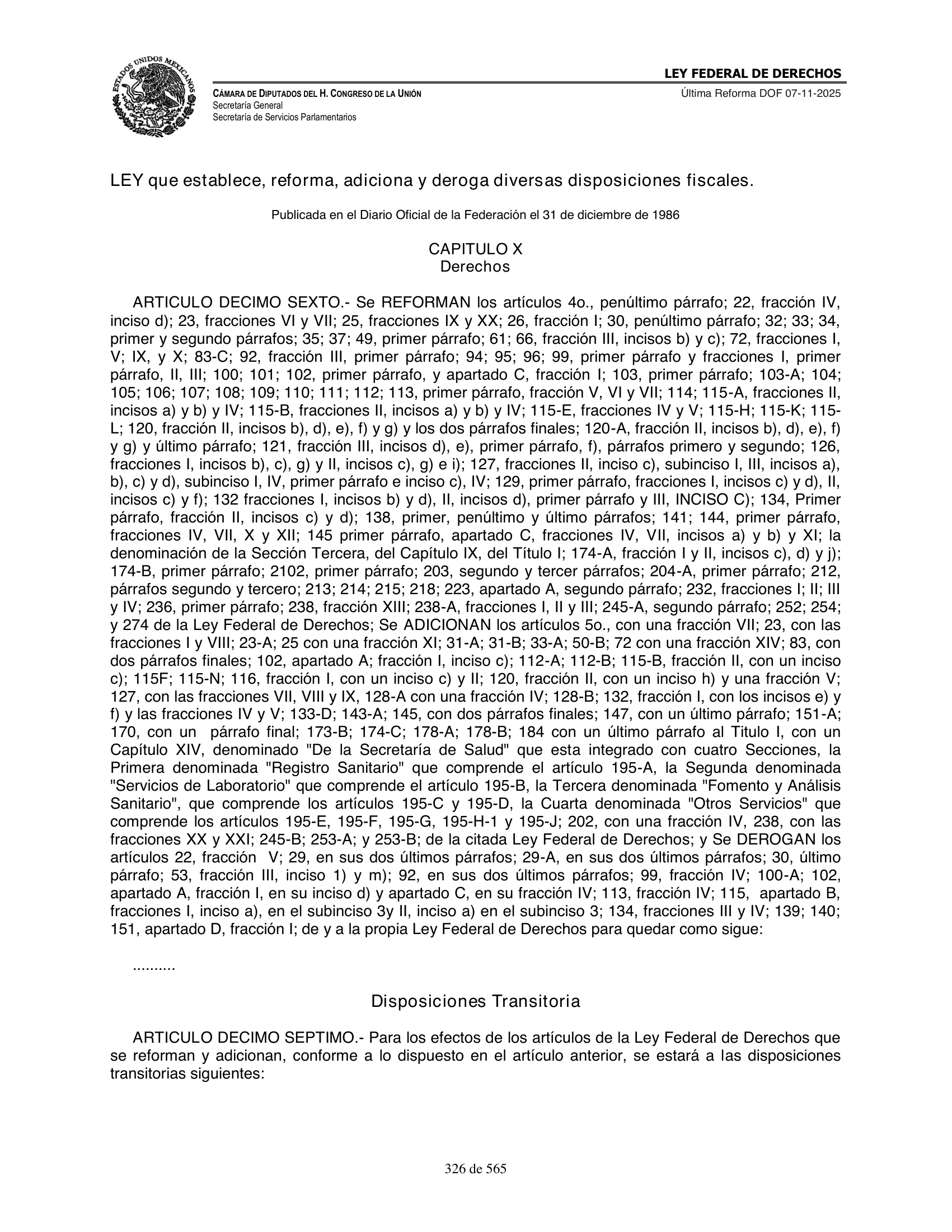 Ley Federal de Derechos — official Chamber compilation — original physical page 326 of 565; complete original page image governs, native search text may be incomplete.