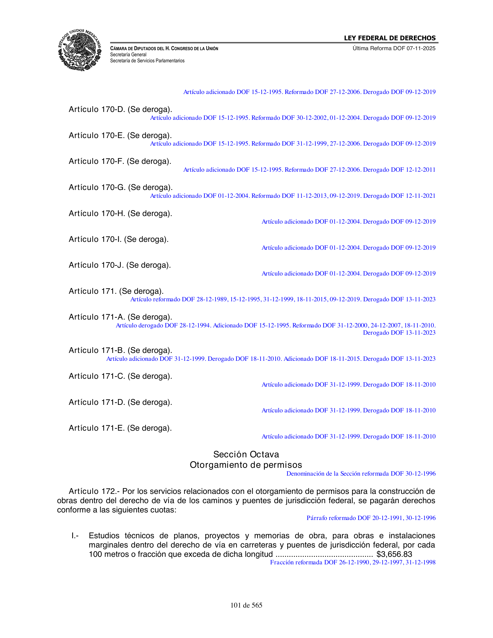 Ley Federal de Derechos — official Chamber compilation — original physical page 101 of 565; complete original page image governs, native search text may be incomplete.