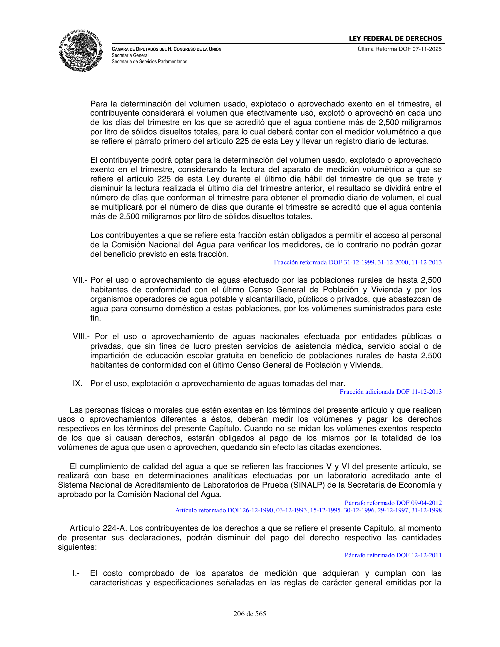Ley Federal de Derechos — official Chamber compilation — original physical page 206 of 565; complete original page image governs, native search text may be incomplete.