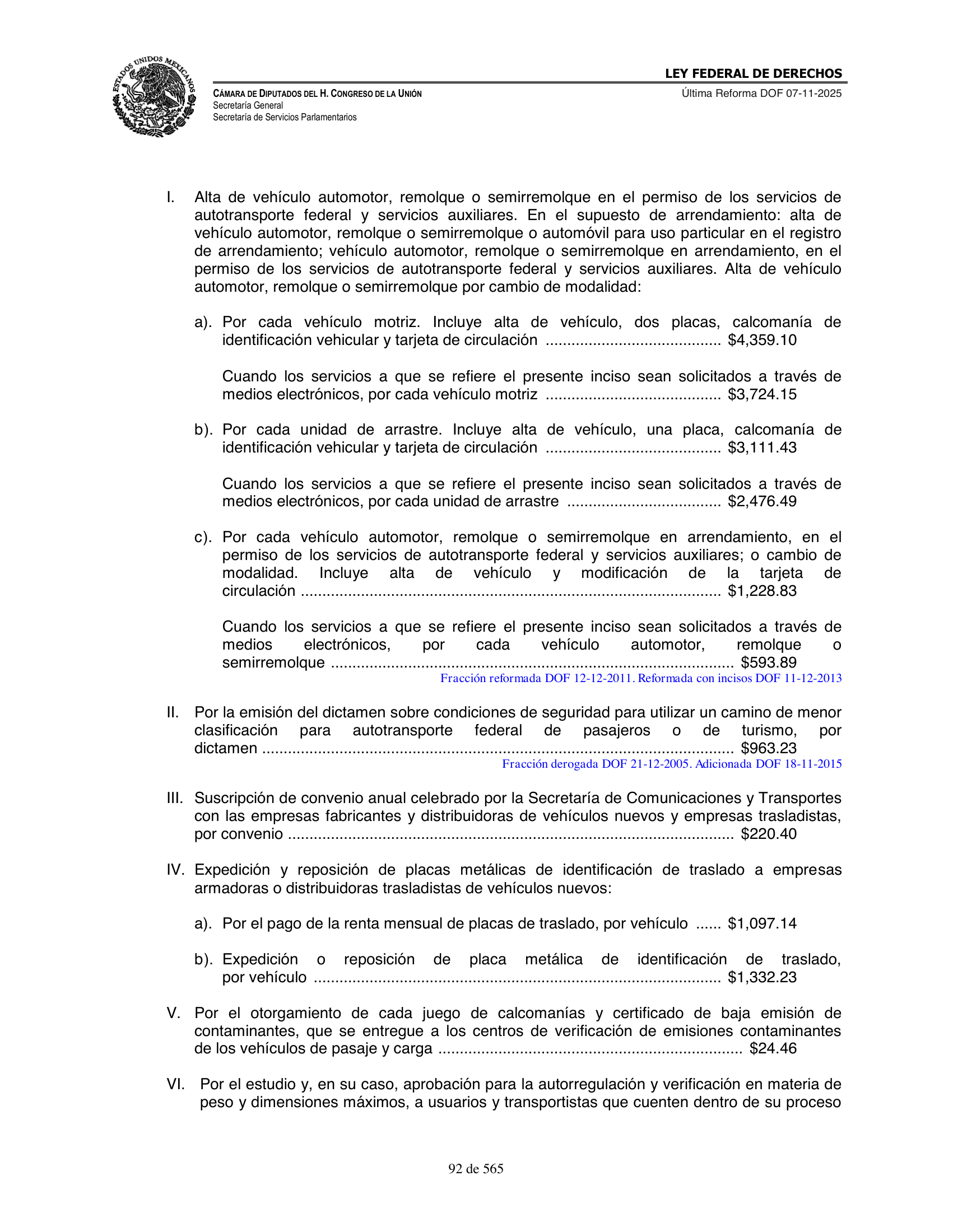 Ley Federal de Derechos — official Chamber compilation — original physical page 92 of 565; complete original page image governs, native search text may be incomplete.