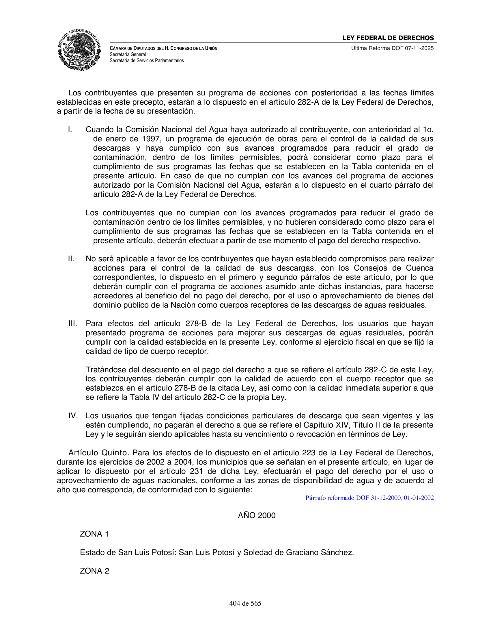 Ley Federal de Derechos — official Chamber compilation — original physical page 404 of 565; complete original page image governs, native search text may be incomplete.