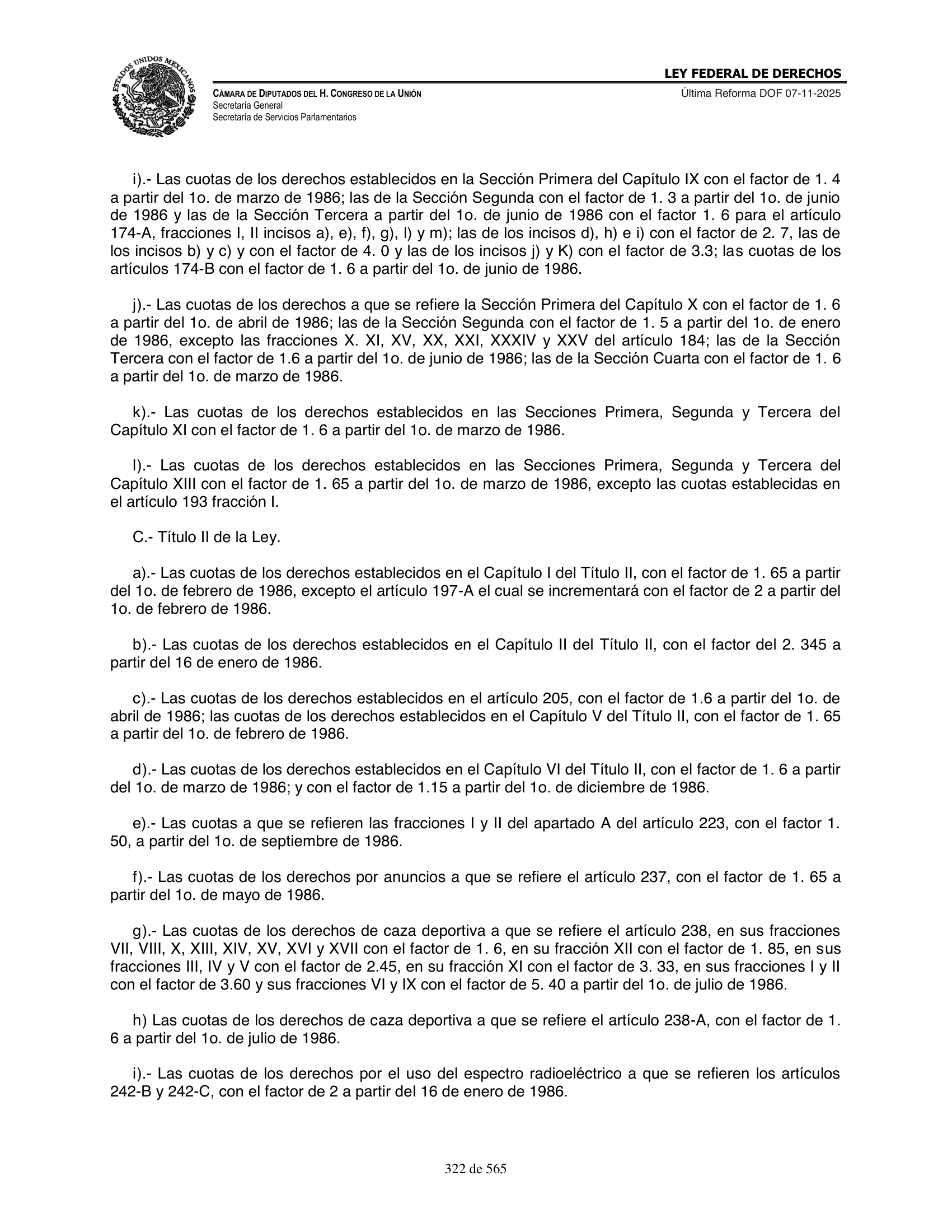 Ley Federal de Derechos — official Chamber compilation — original physical page 322 of 565; complete original page image governs, native search text may be incomplete.