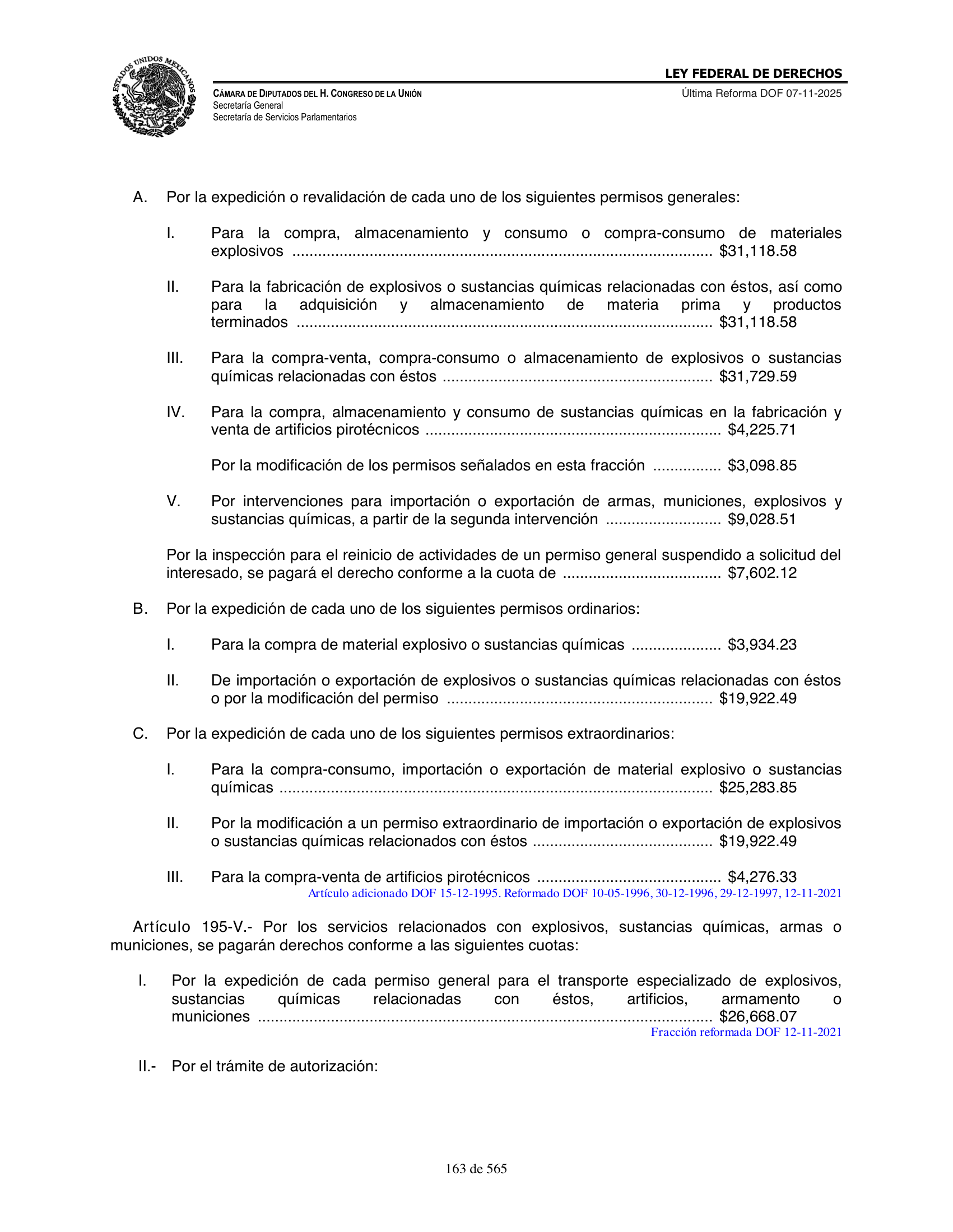 Ley Federal de Derechos — official Chamber compilation — original physical page 163 of 565; complete original page image governs, native search text may be incomplete.