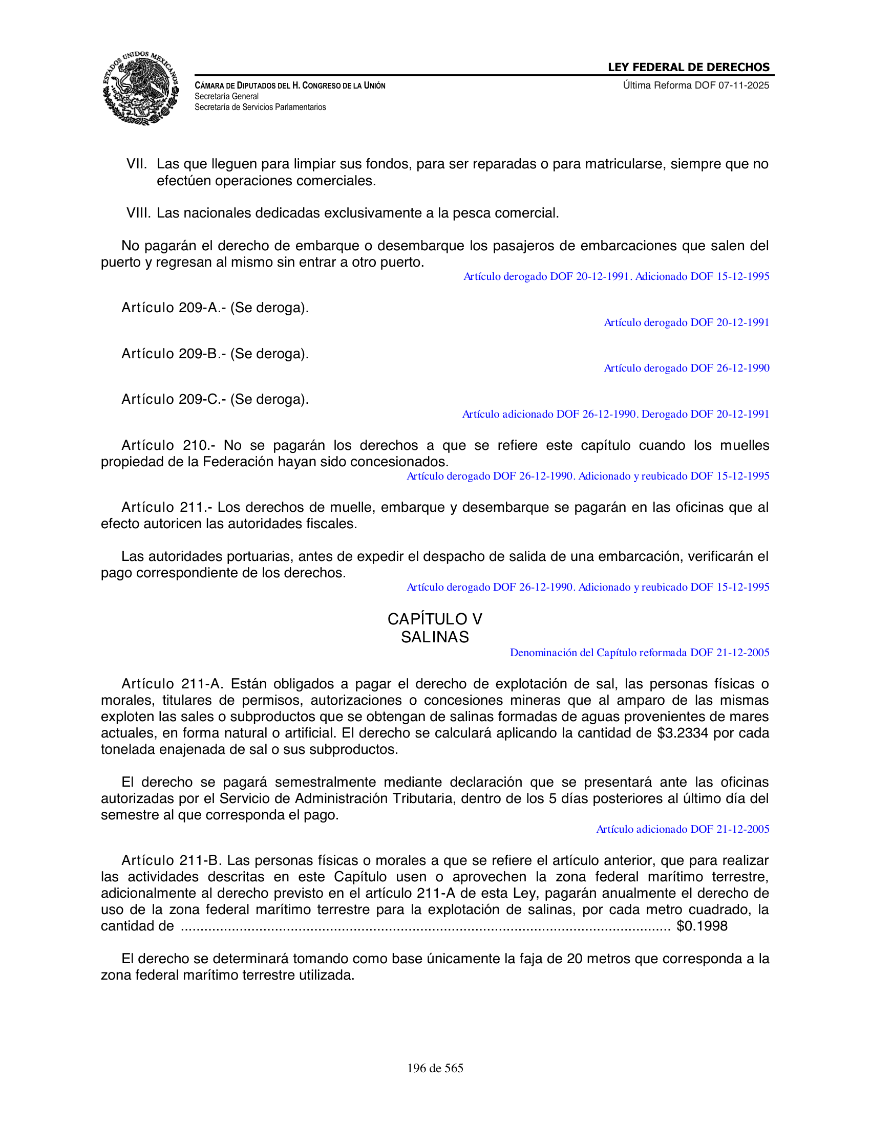 Ley Federal de Derechos — official Chamber compilation — original physical page 196 of 565; complete original page image governs, native search text may be incomplete.