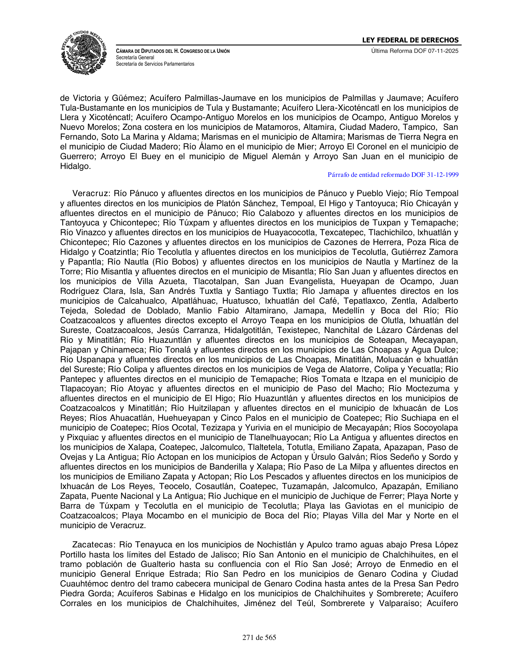 Ley Federal de Derechos — official Chamber compilation — original physical page 271 of 565; complete original page image governs, native search text may be incomplete.