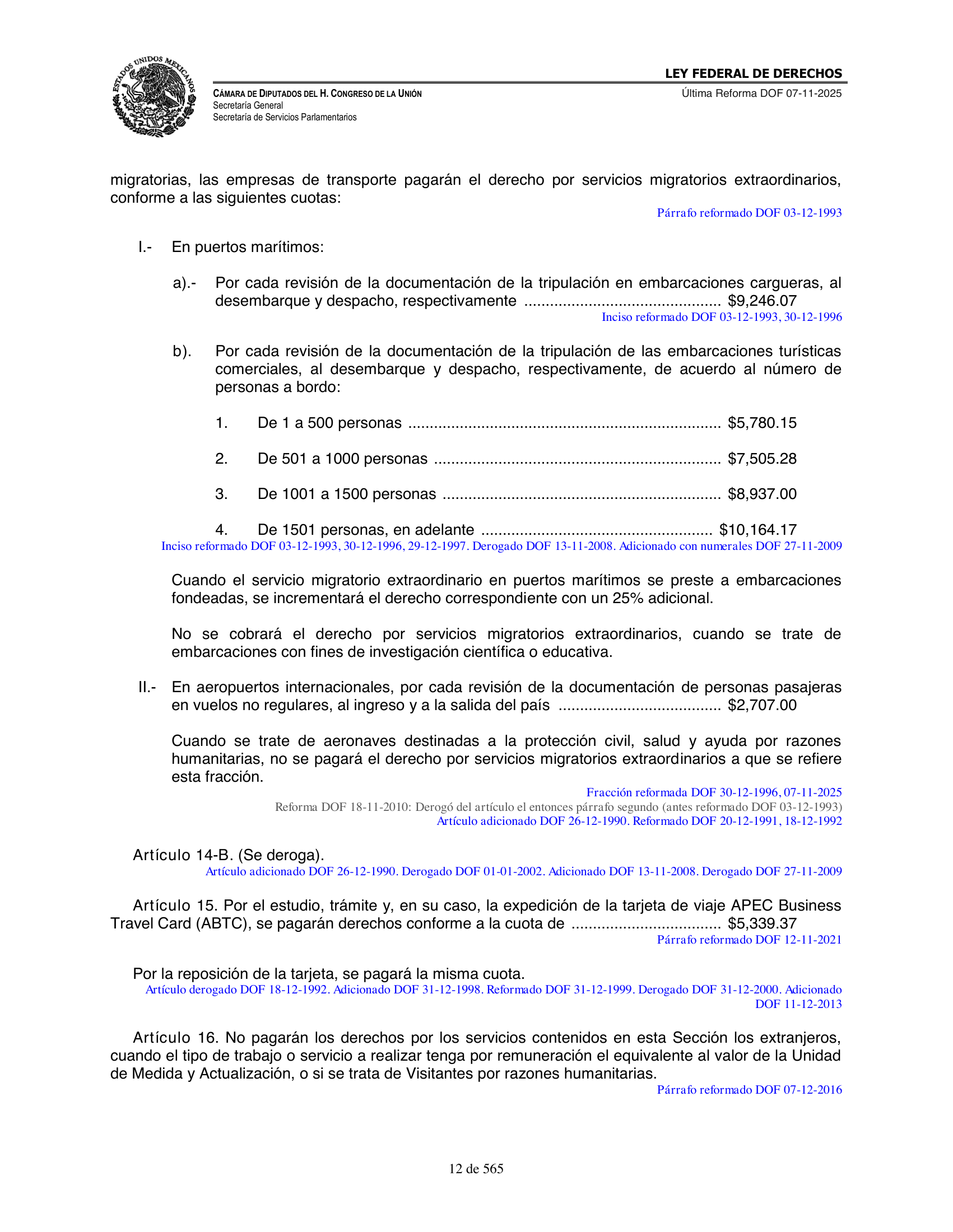 Ley Federal de Derechos — official Chamber compilation — original physical page 12 of 565; complete original page image governs, native search text may be incomplete.