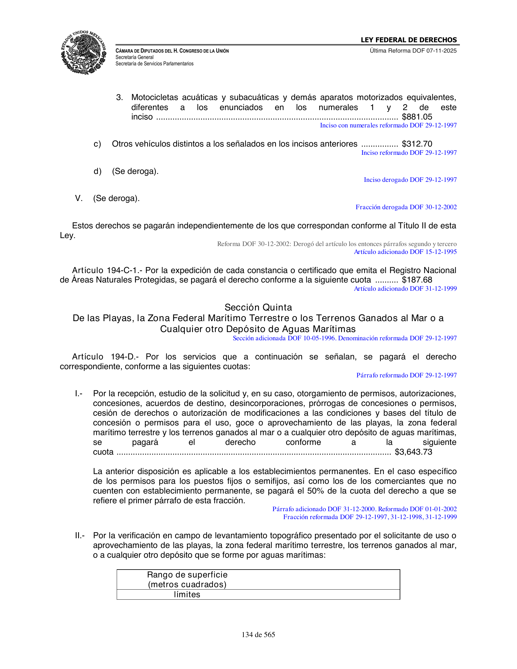 Ley Federal de Derechos — official Chamber compilation — original physical page 134 of 565; complete original page image governs, native search text may be incomplete.