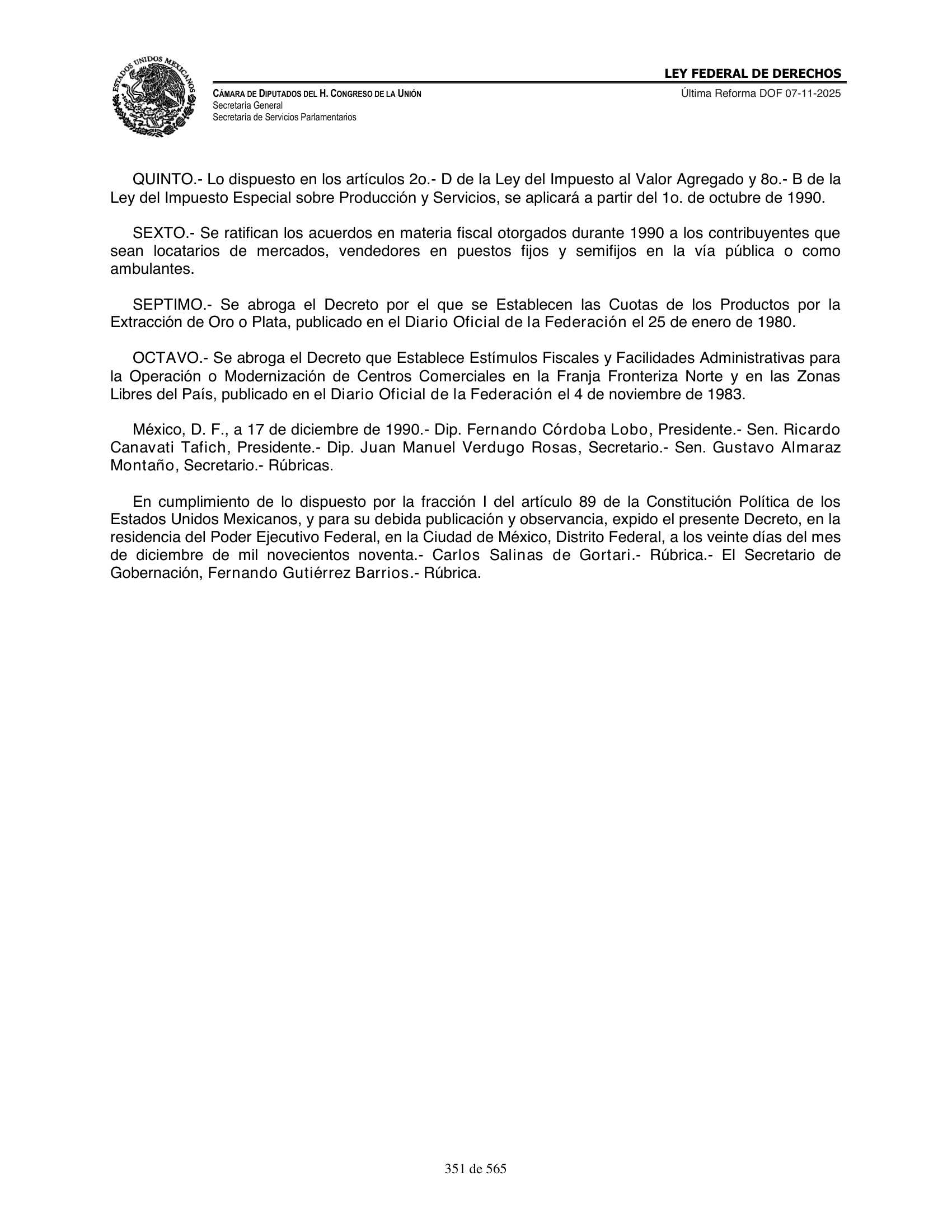 Ley Federal de Derechos — official Chamber compilation — original physical page 351 of 565; complete original page image governs, native search text may be incomplete.
