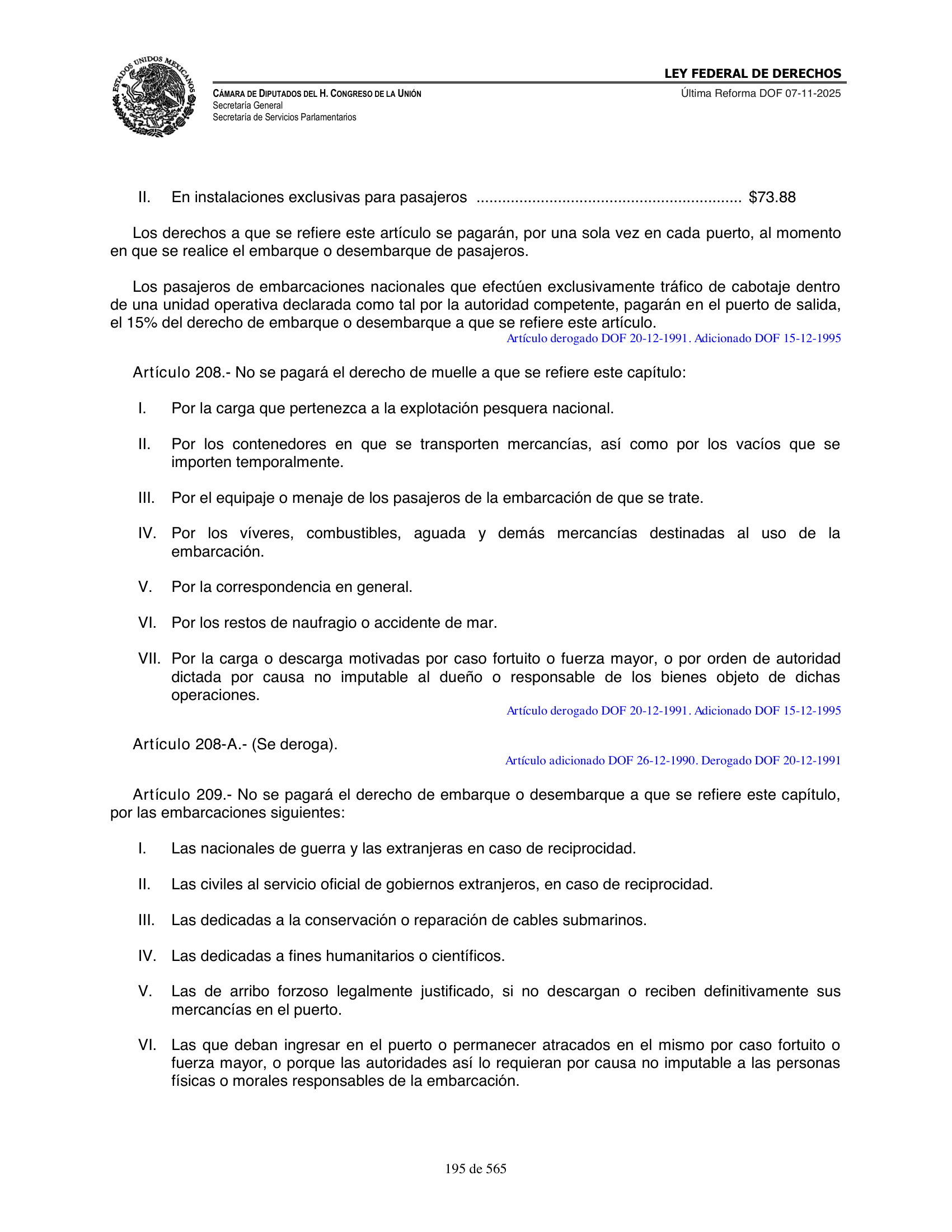 Ley Federal de Derechos — official Chamber compilation — original physical page 195 of 565; complete original page image governs, native search text may be incomplete.