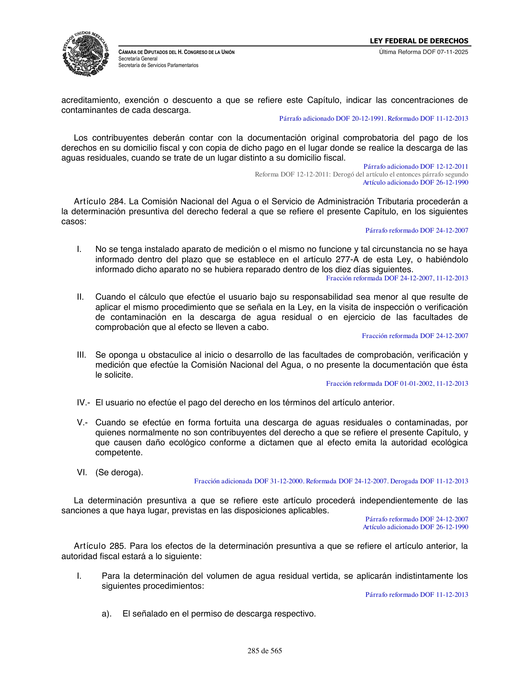 Ley Federal de Derechos — official Chamber compilation — original physical page 285 of 565; complete original page image governs, native search text may be incomplete.
