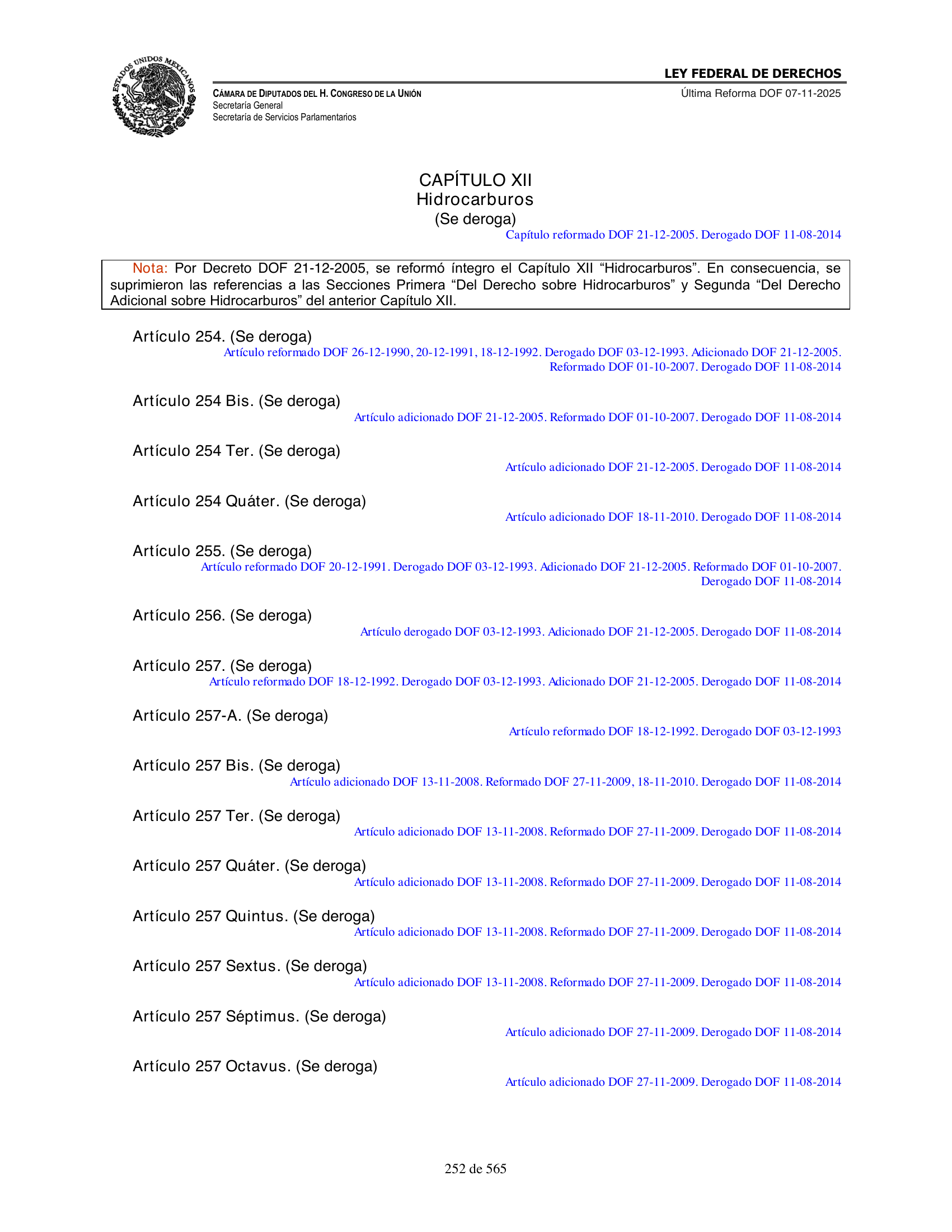 Ley Federal de Derechos — official Chamber compilation — original physical page 252 of 565; complete original page image governs, native search text may be incomplete.