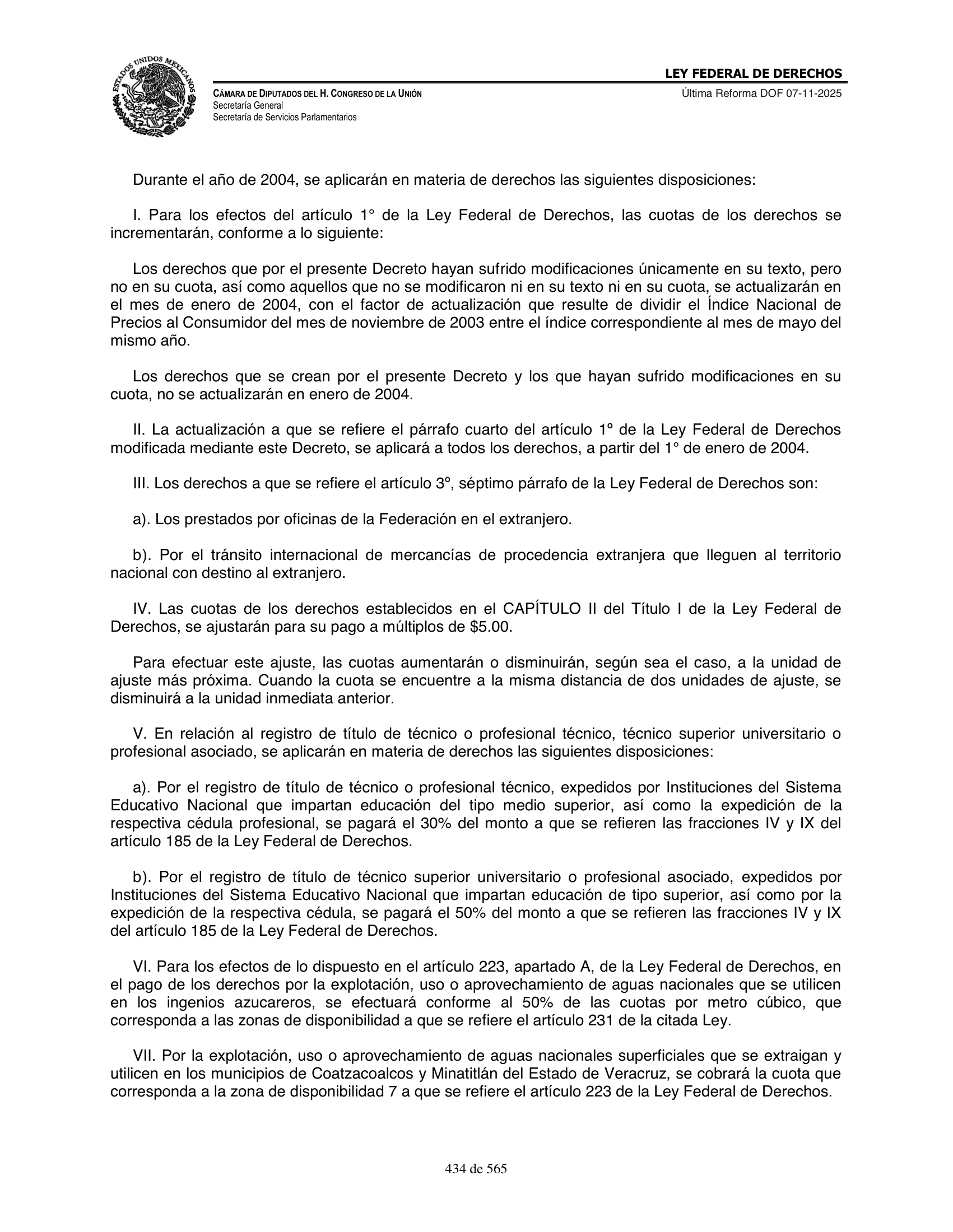 Ley Federal de Derechos — official Chamber compilation — original physical page 434 of 565; complete original page image governs, native search text may be incomplete.