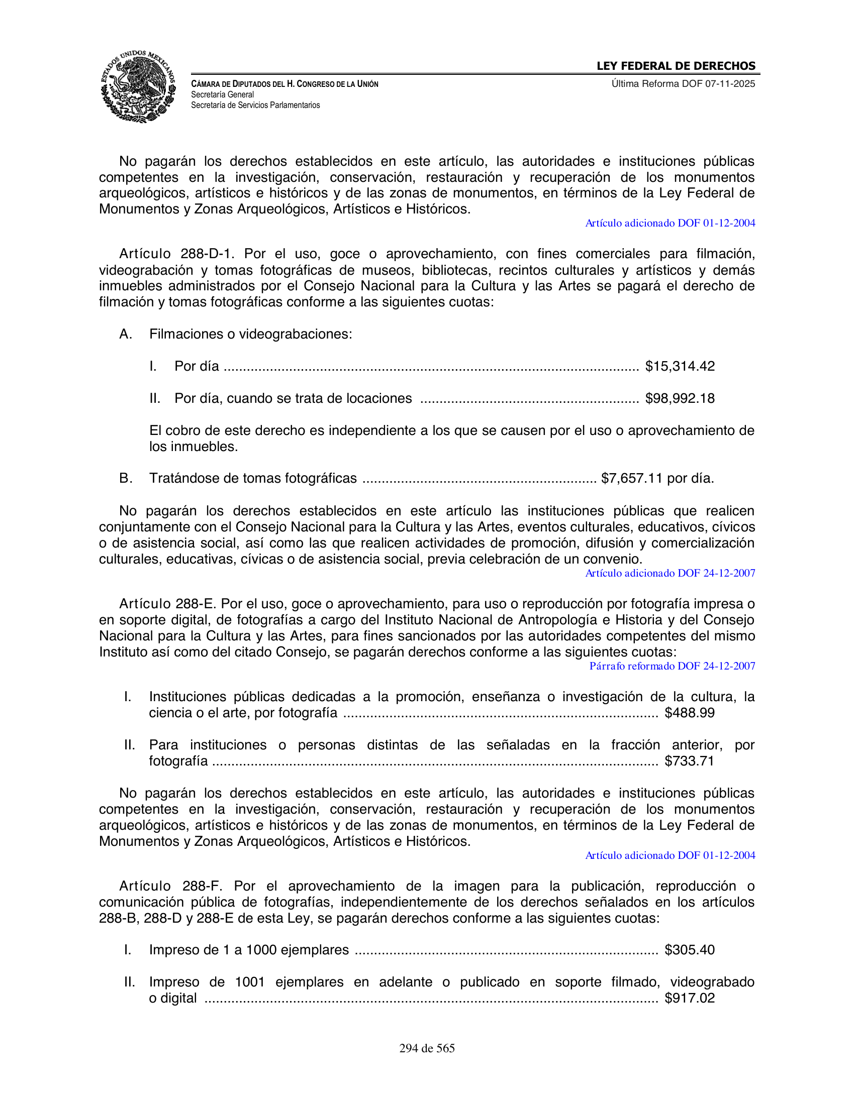 Ley Federal de Derechos — official Chamber compilation — original physical page 294 of 565; complete original page image governs, native search text may be incomplete.