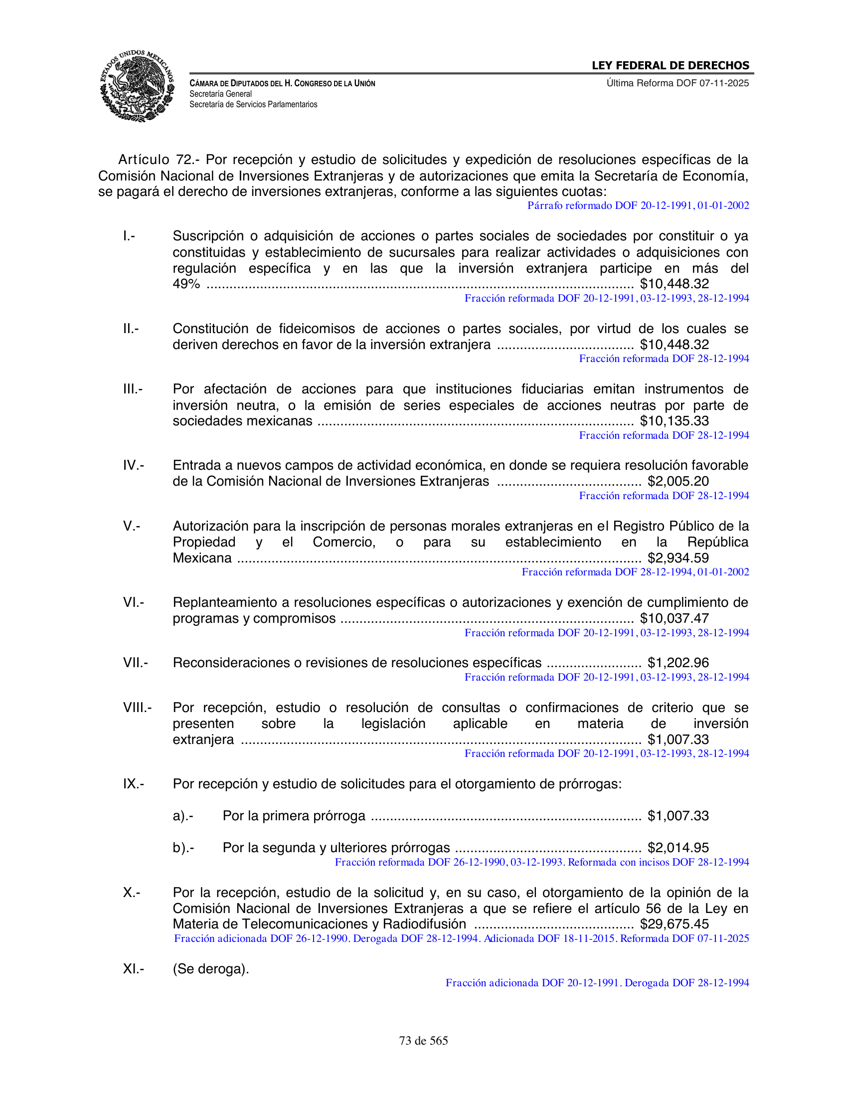 Ley Federal de Derechos — official Chamber compilation — original physical page 73 of 565; complete original page image governs, native search text may be incomplete.