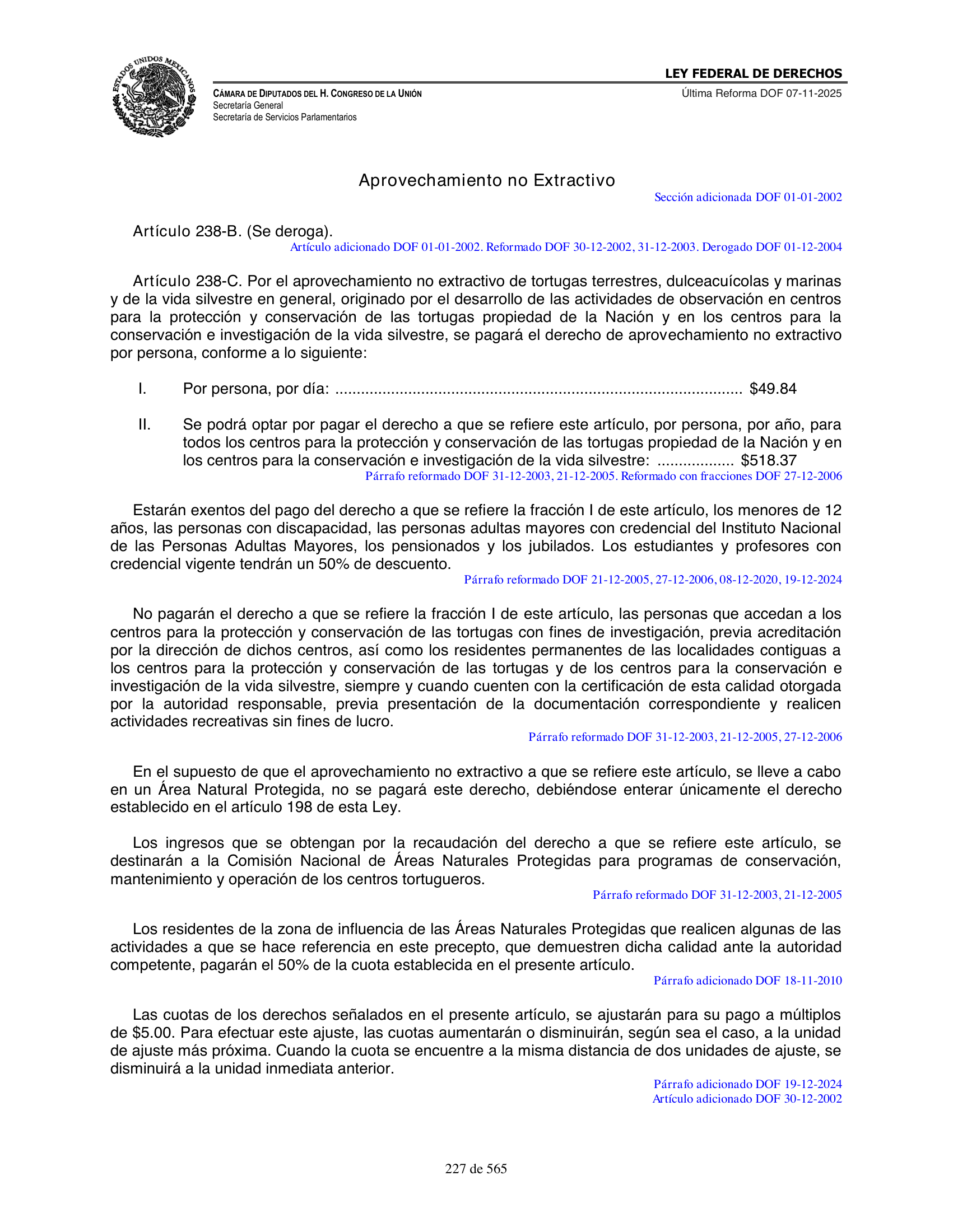 Ley Federal de Derechos — official Chamber compilation — original physical page 227 of 565; complete original page image governs, native search text may be incomplete.