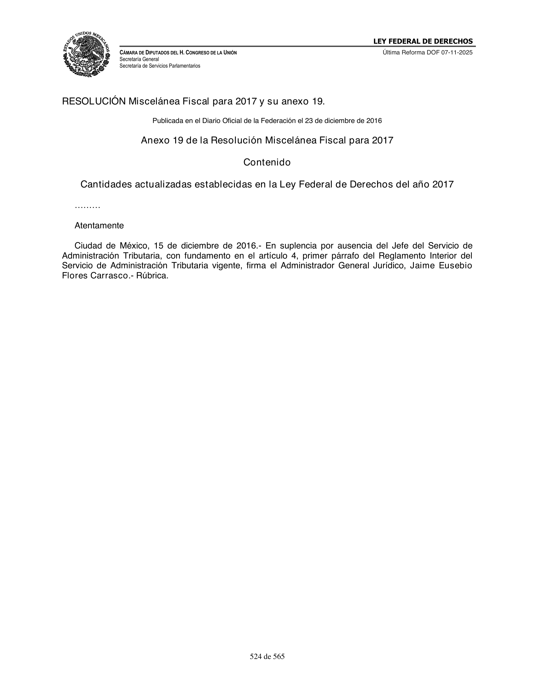 Ley Federal de Derechos — official Chamber compilation — original physical page 524 of 565; complete original page image governs, native search text may be incomplete.