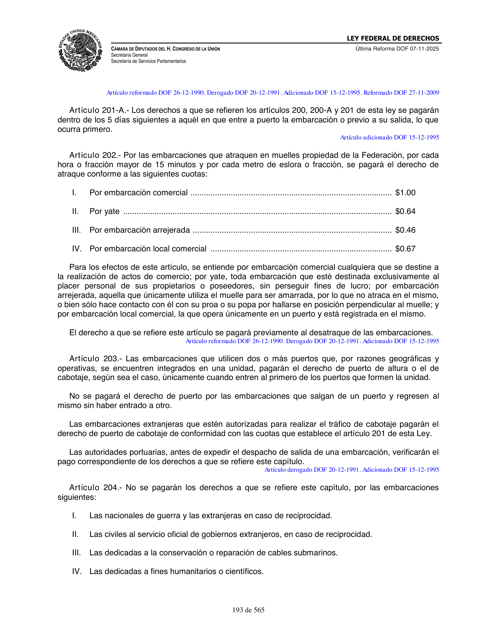 Ley Federal de Derechos — official Chamber compilation — original physical page 193 of 565; complete original page image governs, native search text may be incomplete.