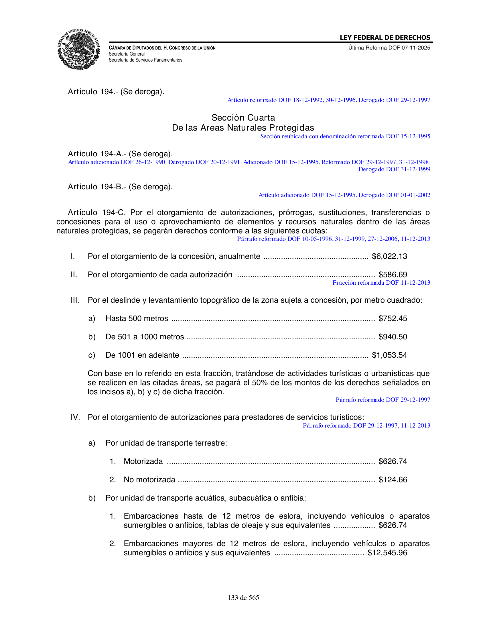 Ley Federal de Derechos — official Chamber compilation — original physical page 133 of 565; complete original page image governs, native search text may be incomplete.