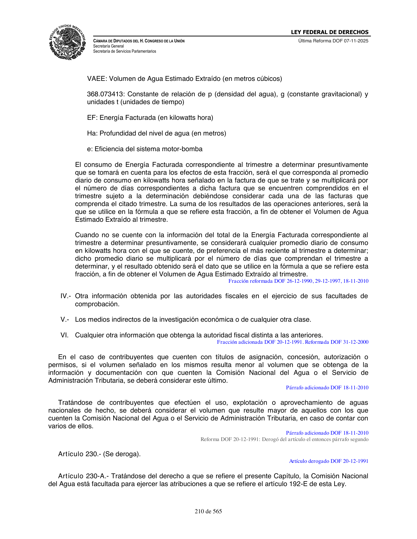 Ley Federal de Derechos — official Chamber compilation — original physical page 210 of 565; complete original page image governs, native search text may be incomplete.
