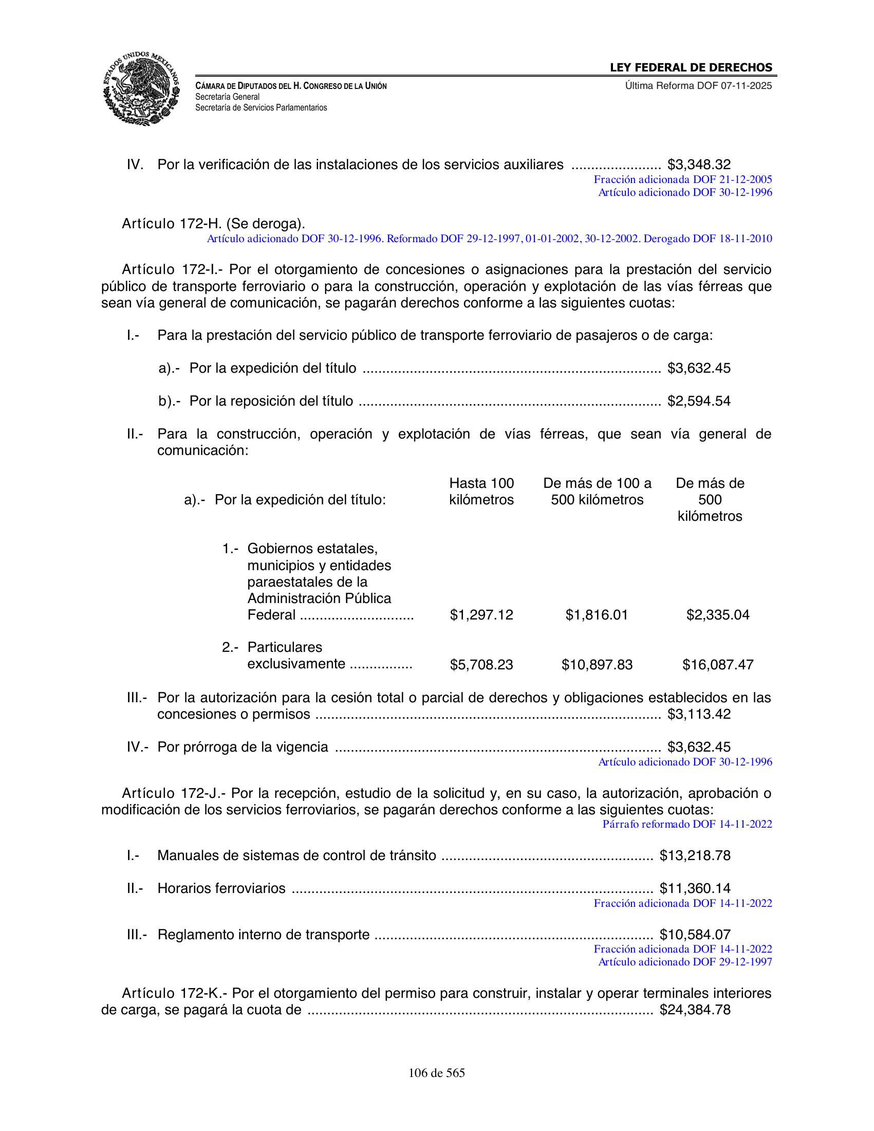 Ley Federal de Derechos — official Chamber compilation — original physical page 106 of 565; complete original page image governs, native search text may be incomplete.