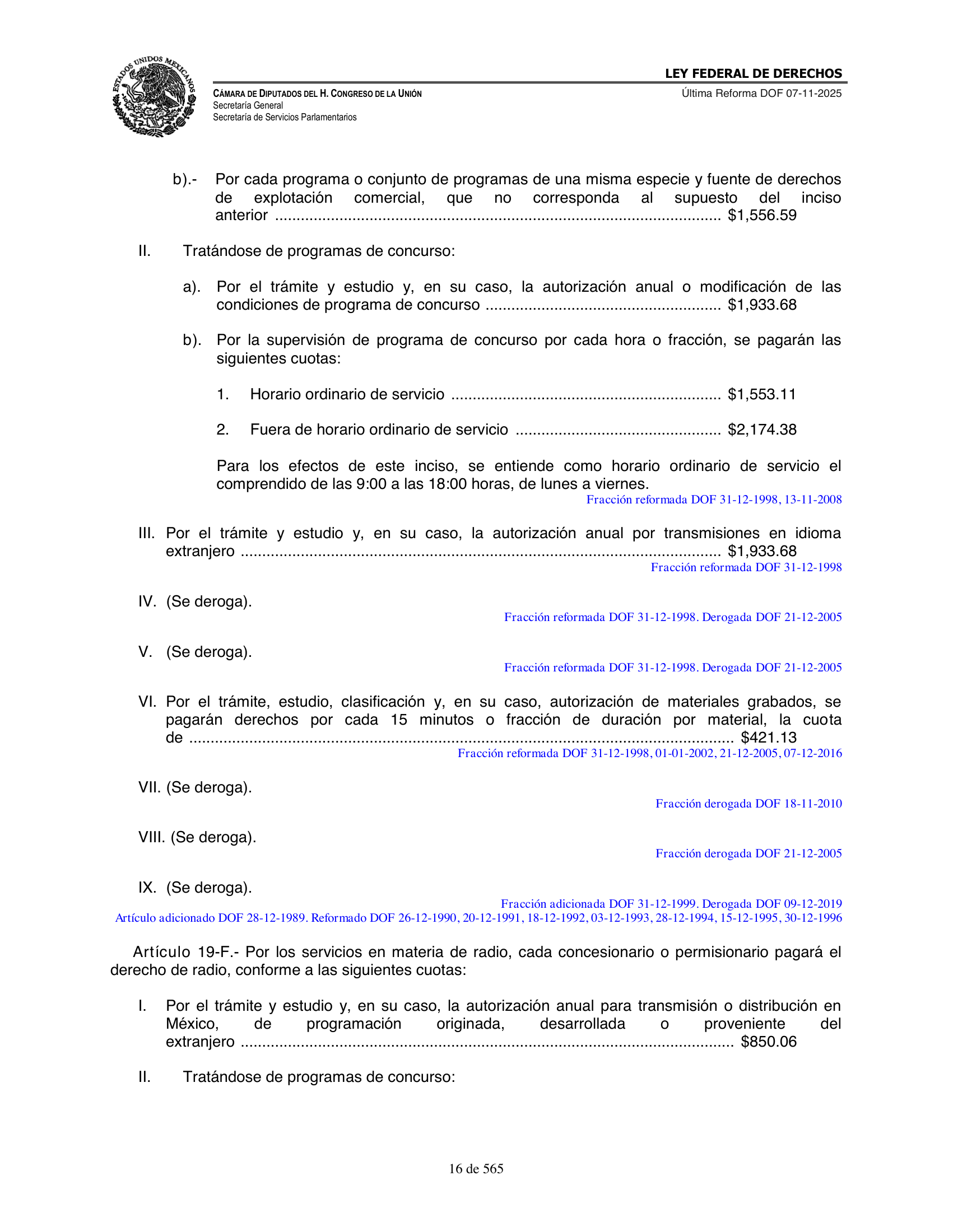 Ley Federal de Derechos — official Chamber compilation — original physical page 16 of 565; complete original page image governs, native search text may be incomplete.