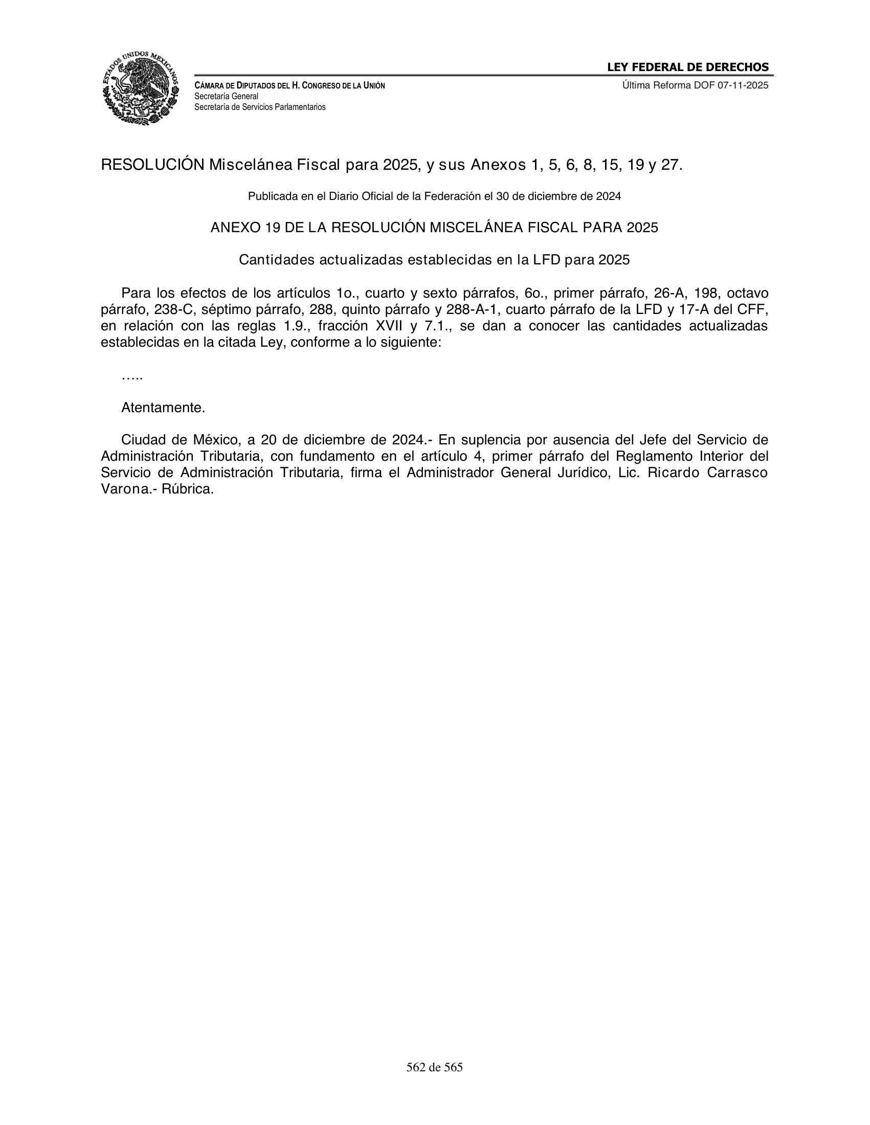 Ley Federal de Derechos — official Chamber compilation — original physical page 562 of 565; complete original page image governs, native search text may be incomplete.