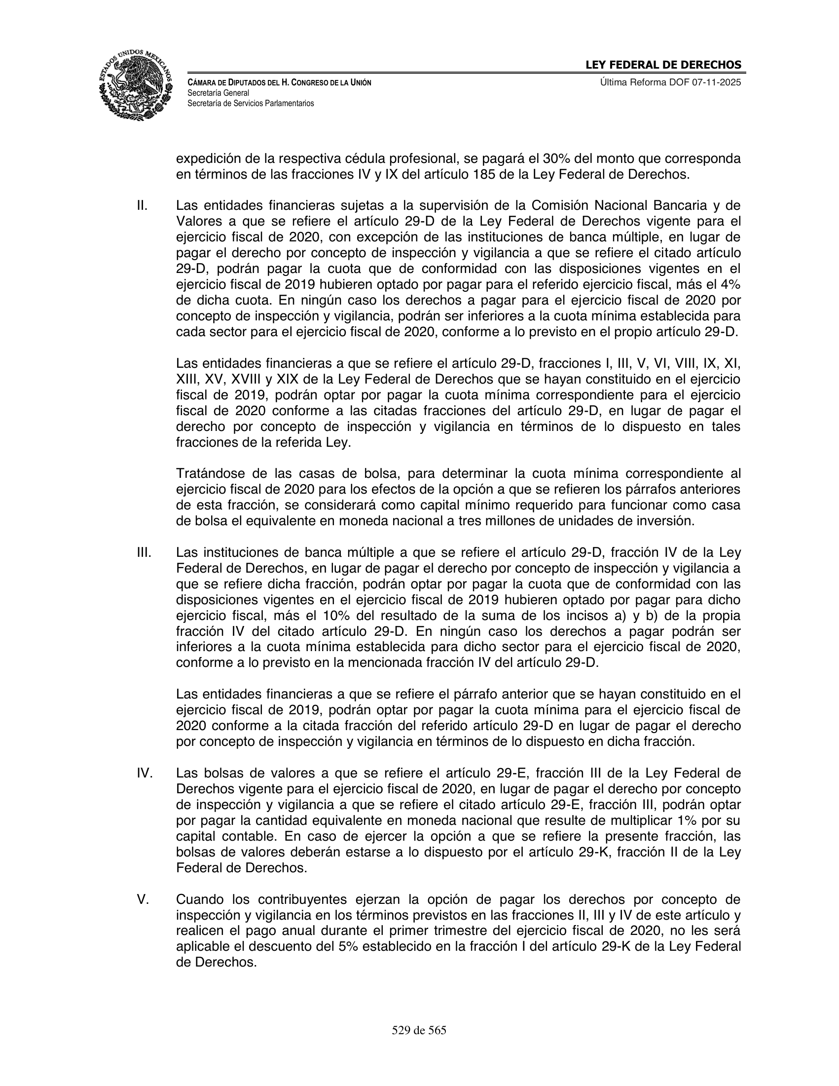 Ley Federal de Derechos — official Chamber compilation — original physical page 529 of 565; complete original page image governs, native search text may be incomplete.