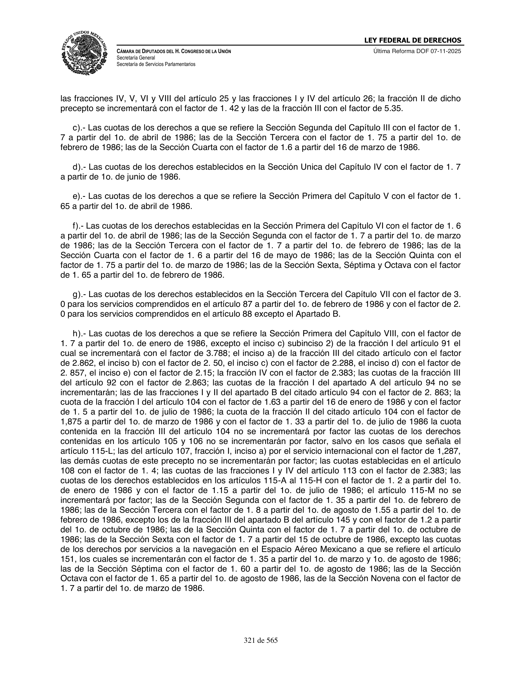 Ley Federal de Derechos — official Chamber compilation — original physical page 321 of 565; complete original page image governs, native search text may be incomplete.
