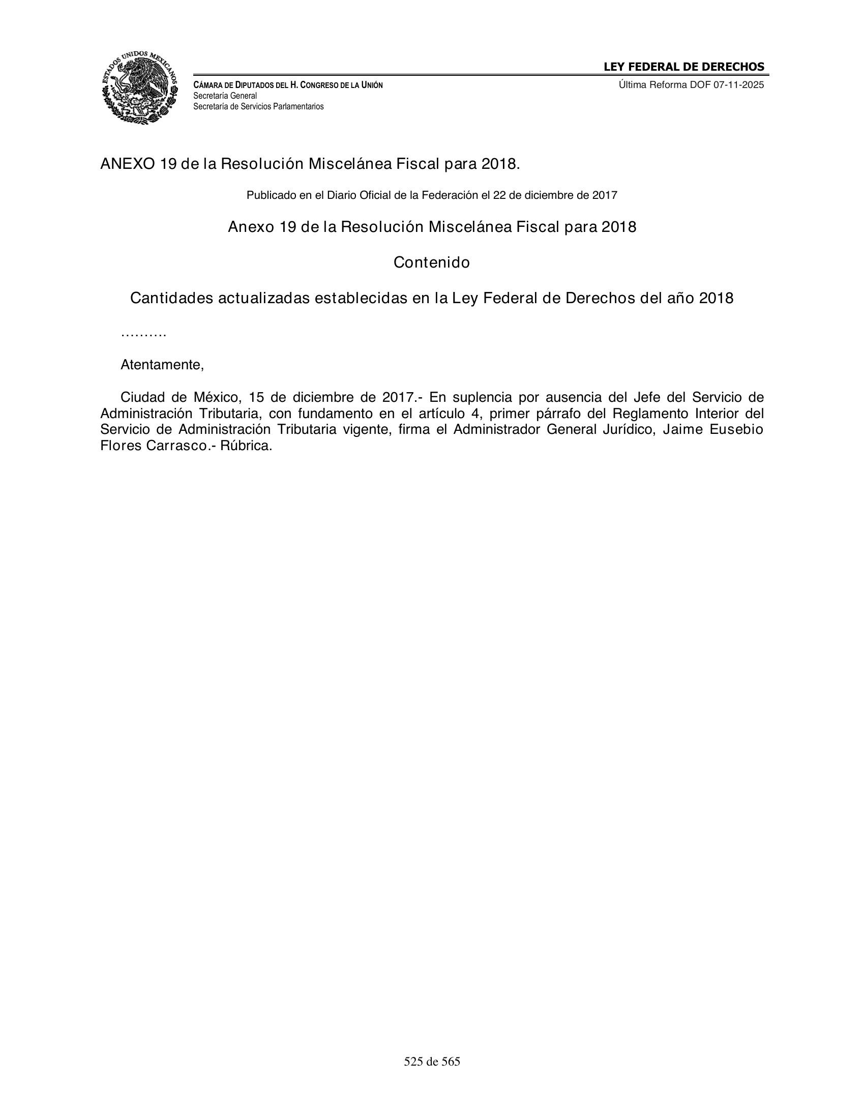 Ley Federal de Derechos — official Chamber compilation — original physical page 525 of 565; complete original page image governs, native search text may be incomplete.