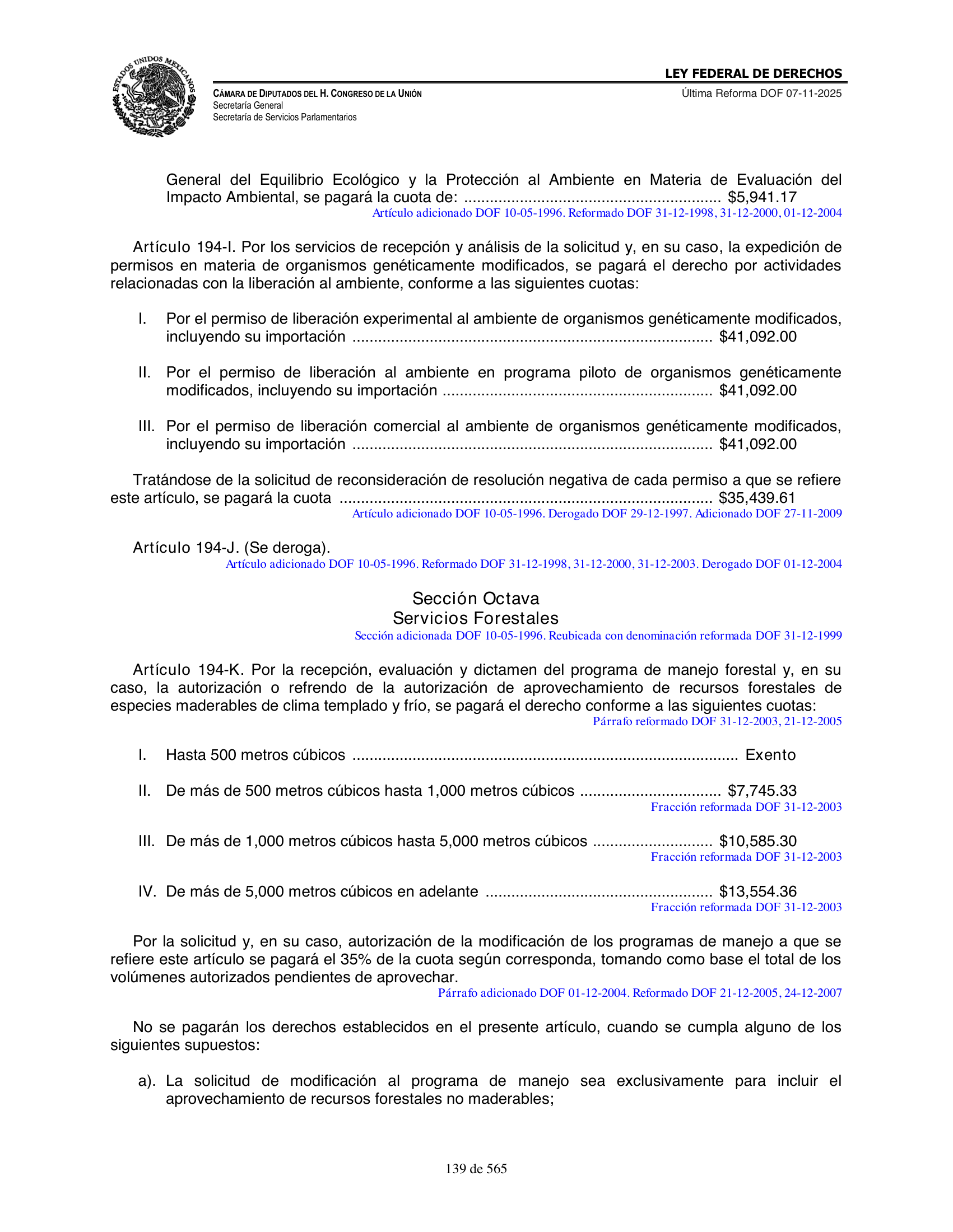 Ley Federal de Derechos — official Chamber compilation — original physical page 139 of 565; complete original page image governs, native search text may be incomplete.