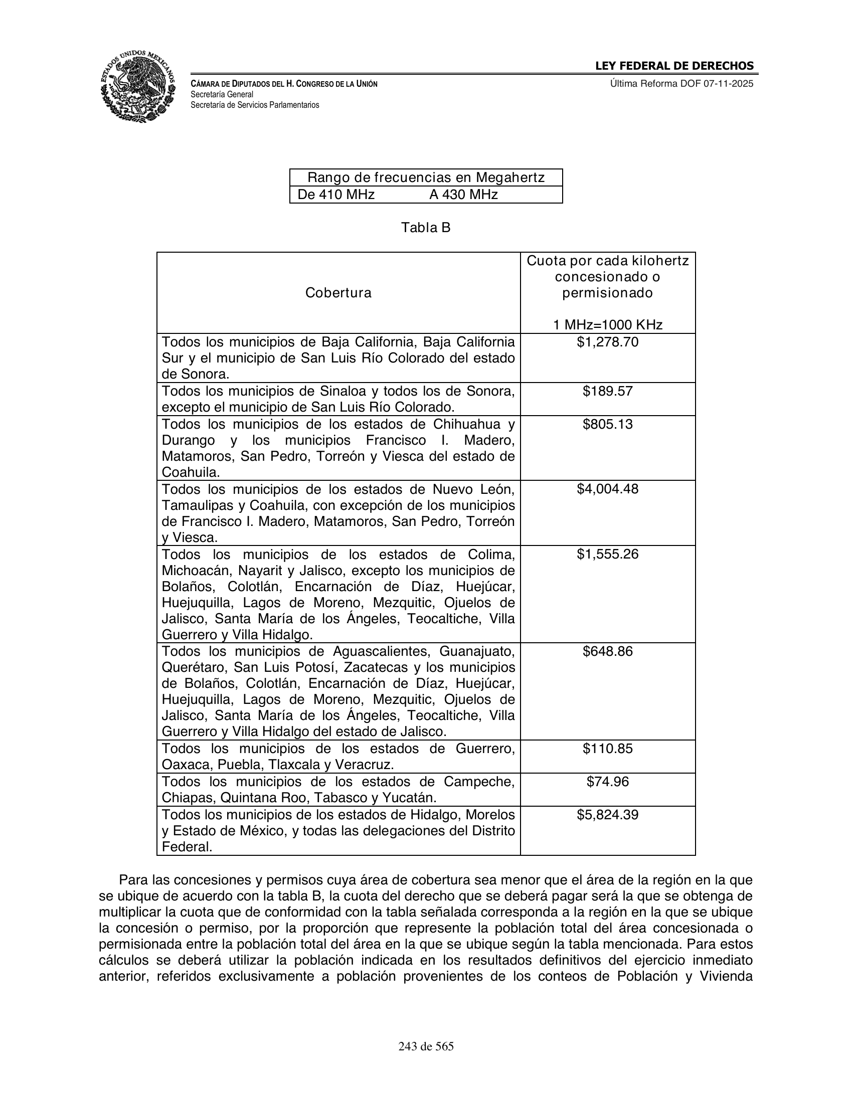 Ley Federal de Derechos — official Chamber compilation — original physical page 243 of 565; complete original page image governs, native search text may be incomplete.