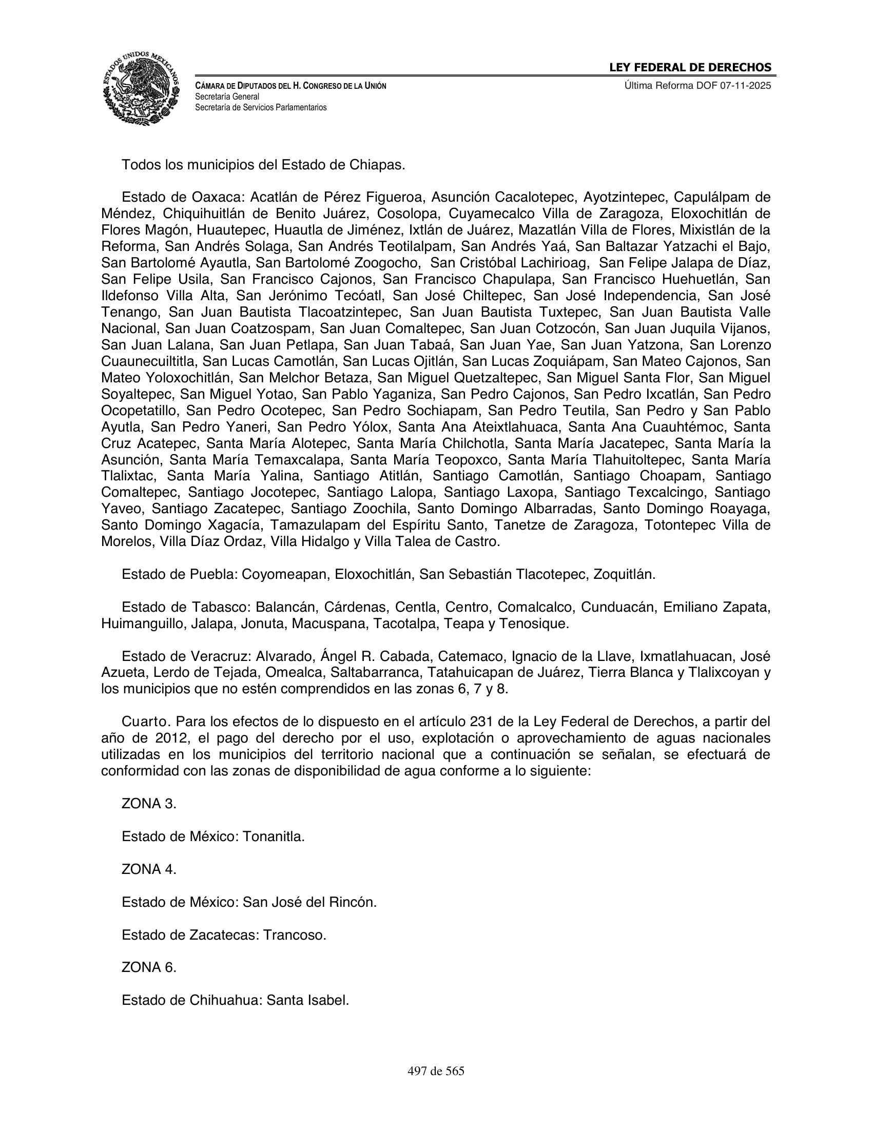 Ley Federal de Derechos — official Chamber compilation — original physical page 497 of 565; complete original page image governs, native search text may be incomplete.