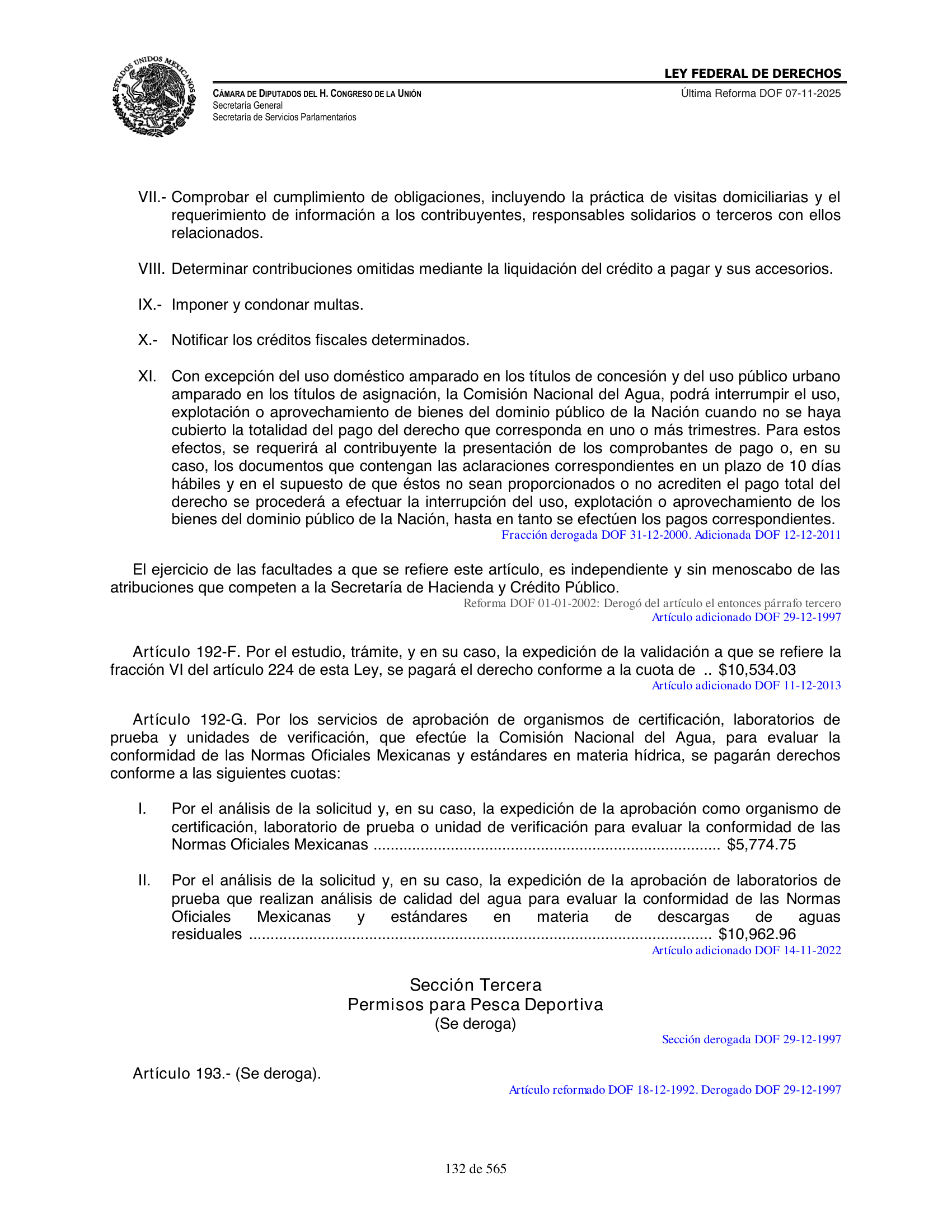 Ley Federal de Derechos — official Chamber compilation — original physical page 132 of 565; complete original page image governs, native search text may be incomplete.