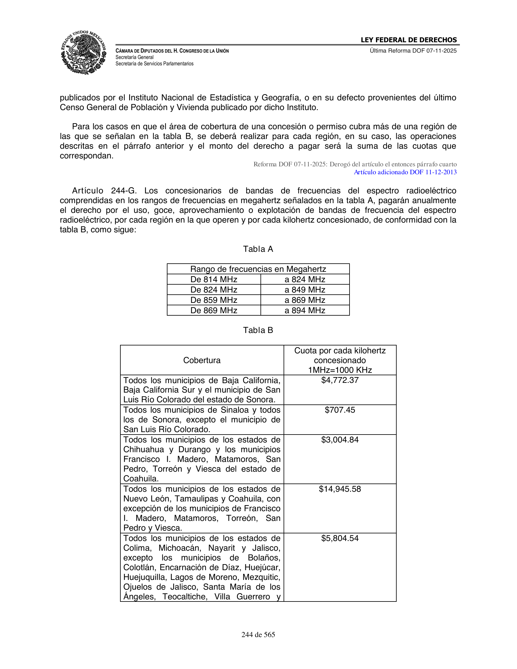 Ley Federal de Derechos — official Chamber compilation — original physical page 244 of 565; complete original page image governs, native search text may be incomplete.