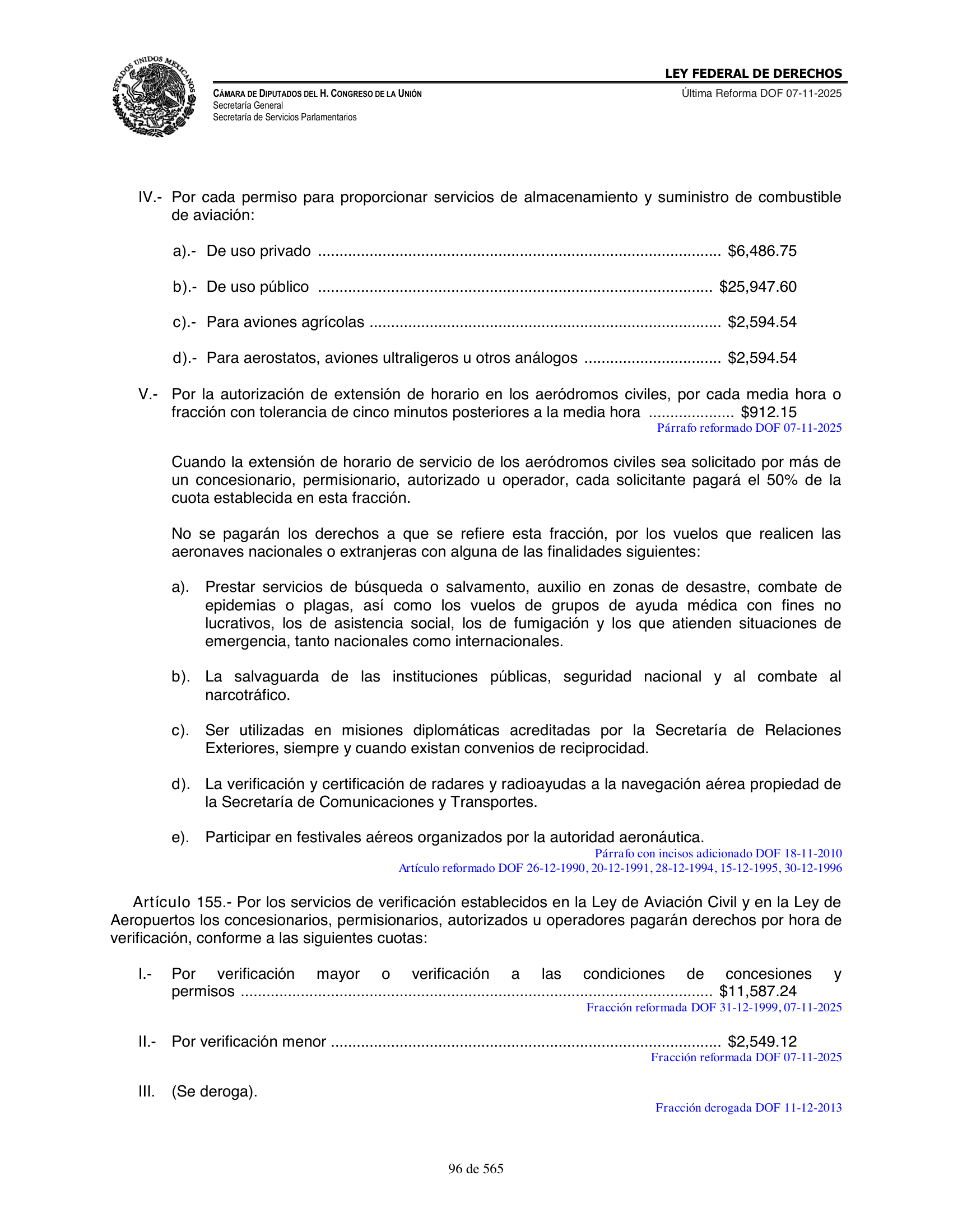 Ley Federal de Derechos — official Chamber compilation — original physical page 96 of 565; complete original page image governs, native search text may be incomplete.