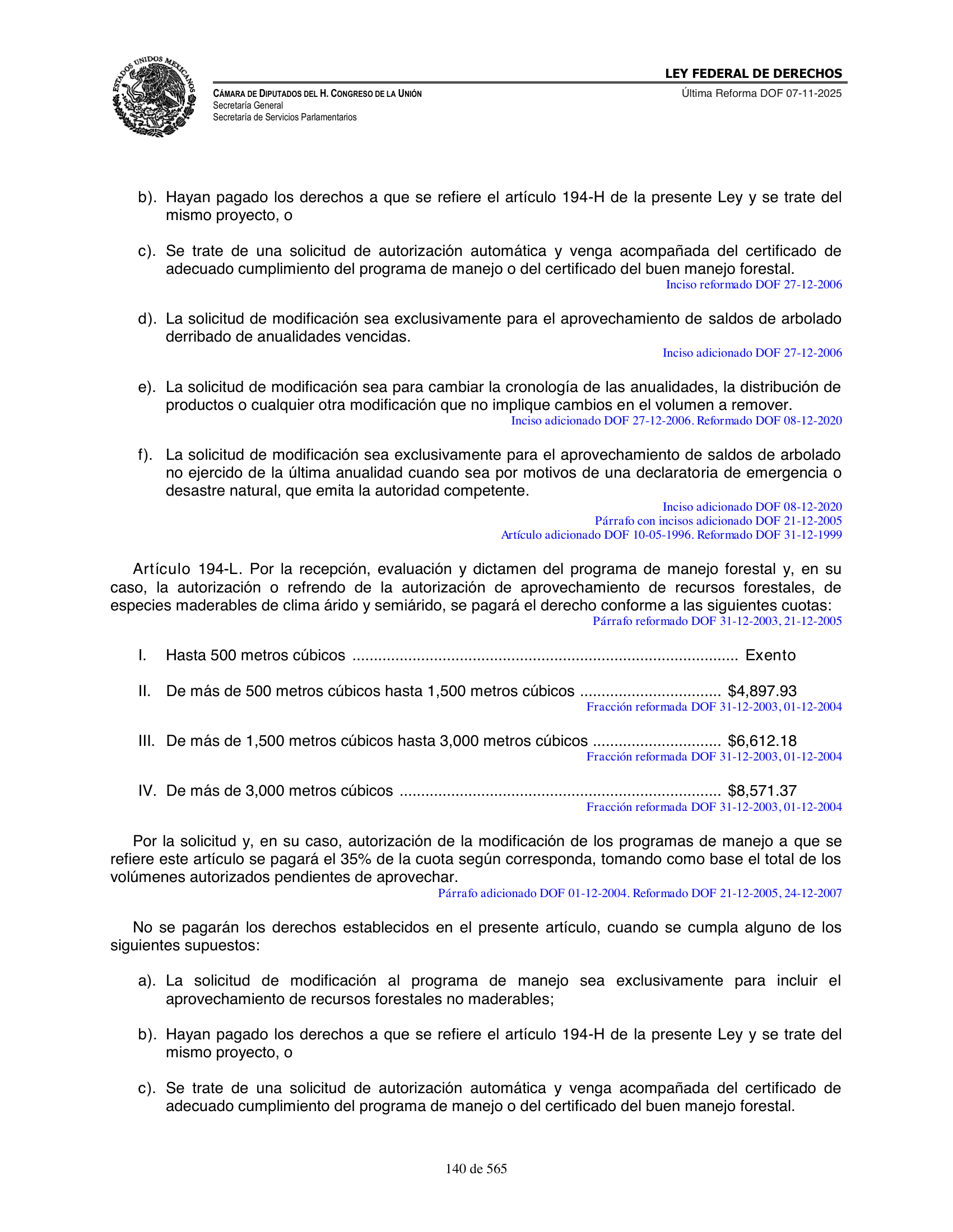 Ley Federal de Derechos — official Chamber compilation — original physical page 140 of 565; complete original page image governs, native search text may be incomplete.