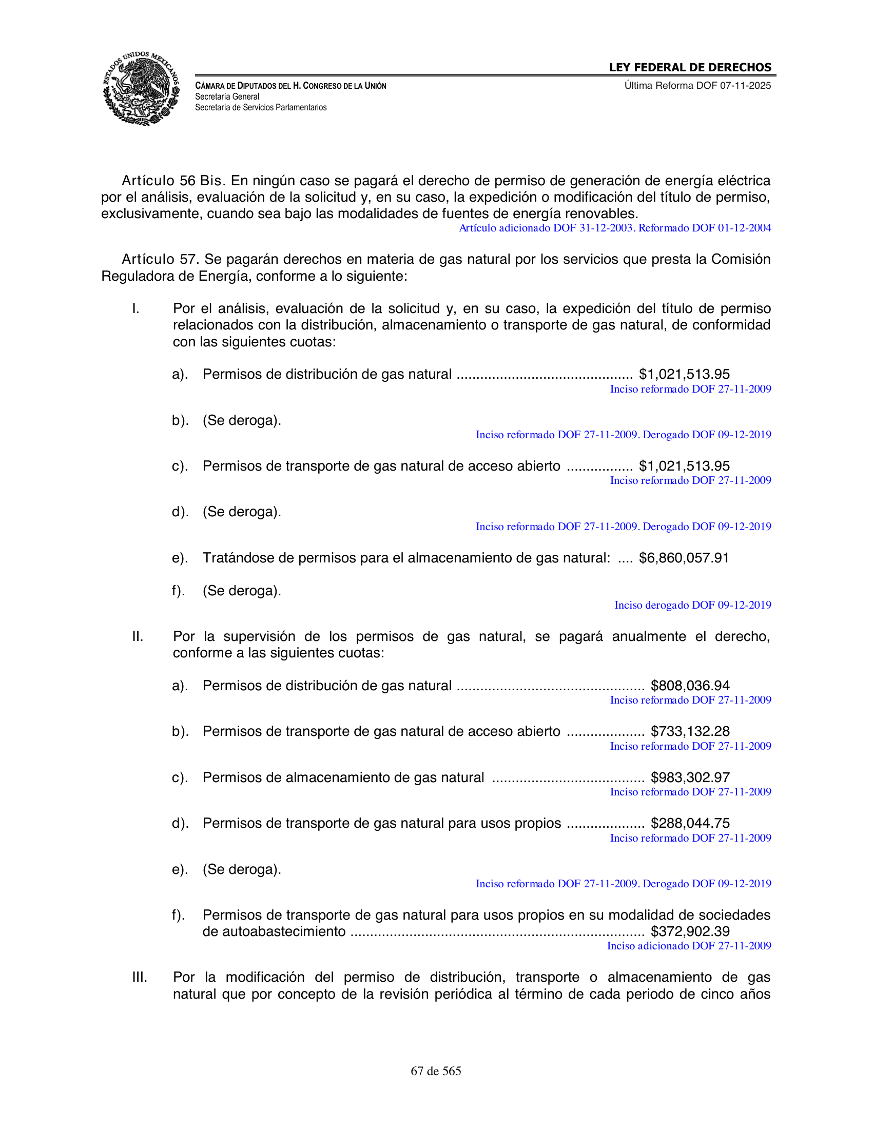 Ley Federal de Derechos — official Chamber compilation — original physical page 67 of 565; complete original page image governs, native search text may be incomplete.