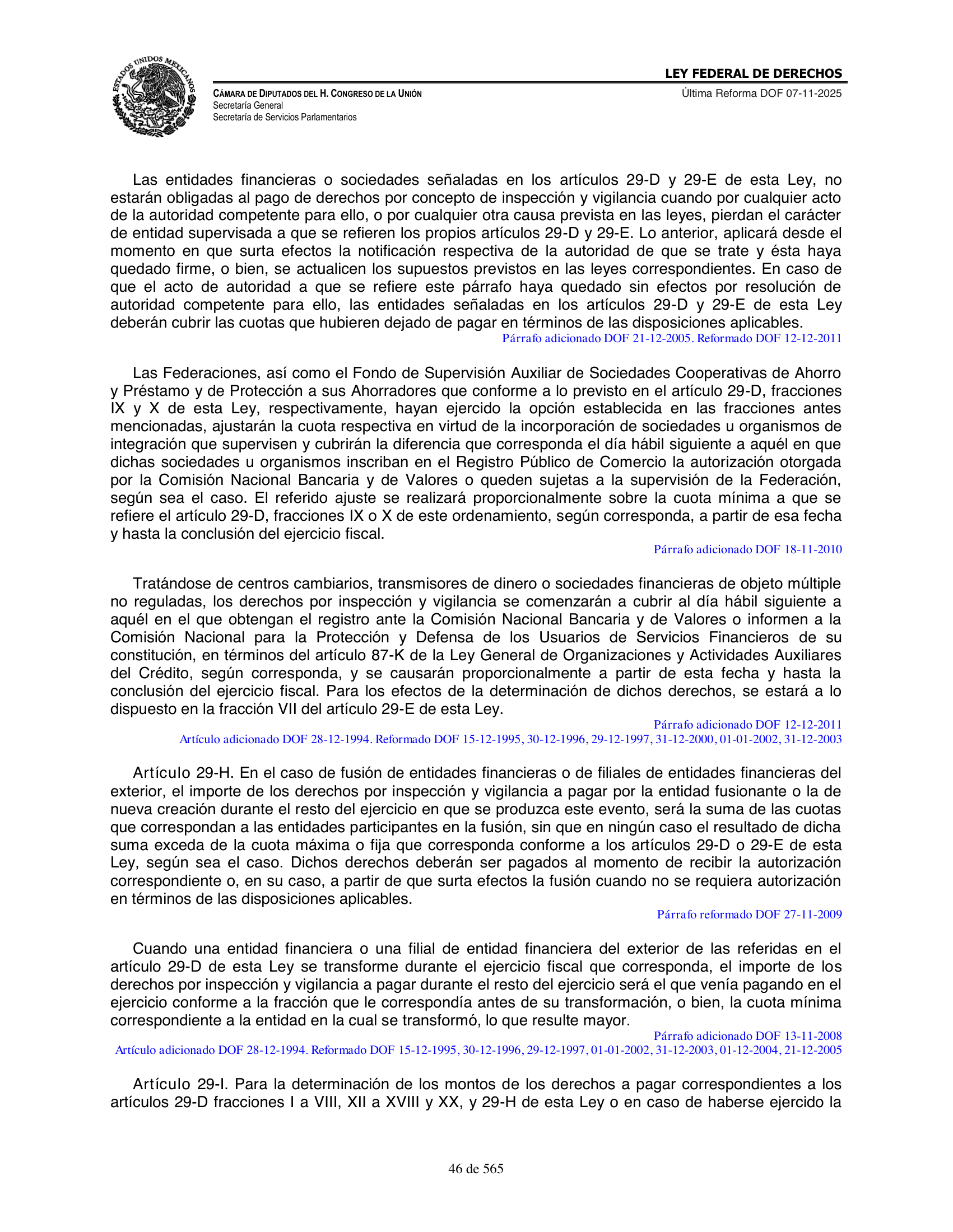 Ley Federal de Derechos — official Chamber compilation — original physical page 46 of 565; complete original page image governs, native search text may be incomplete.