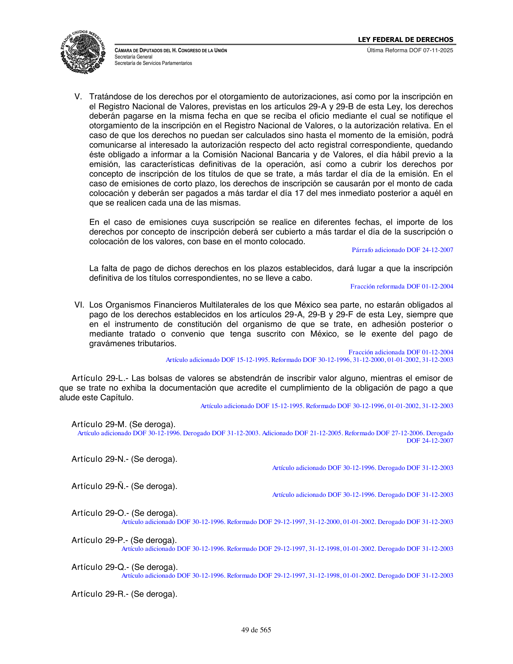 Ley Federal de Derechos — official Chamber compilation — original physical page 49 of 565; complete original page image governs, native search text may be incomplete.