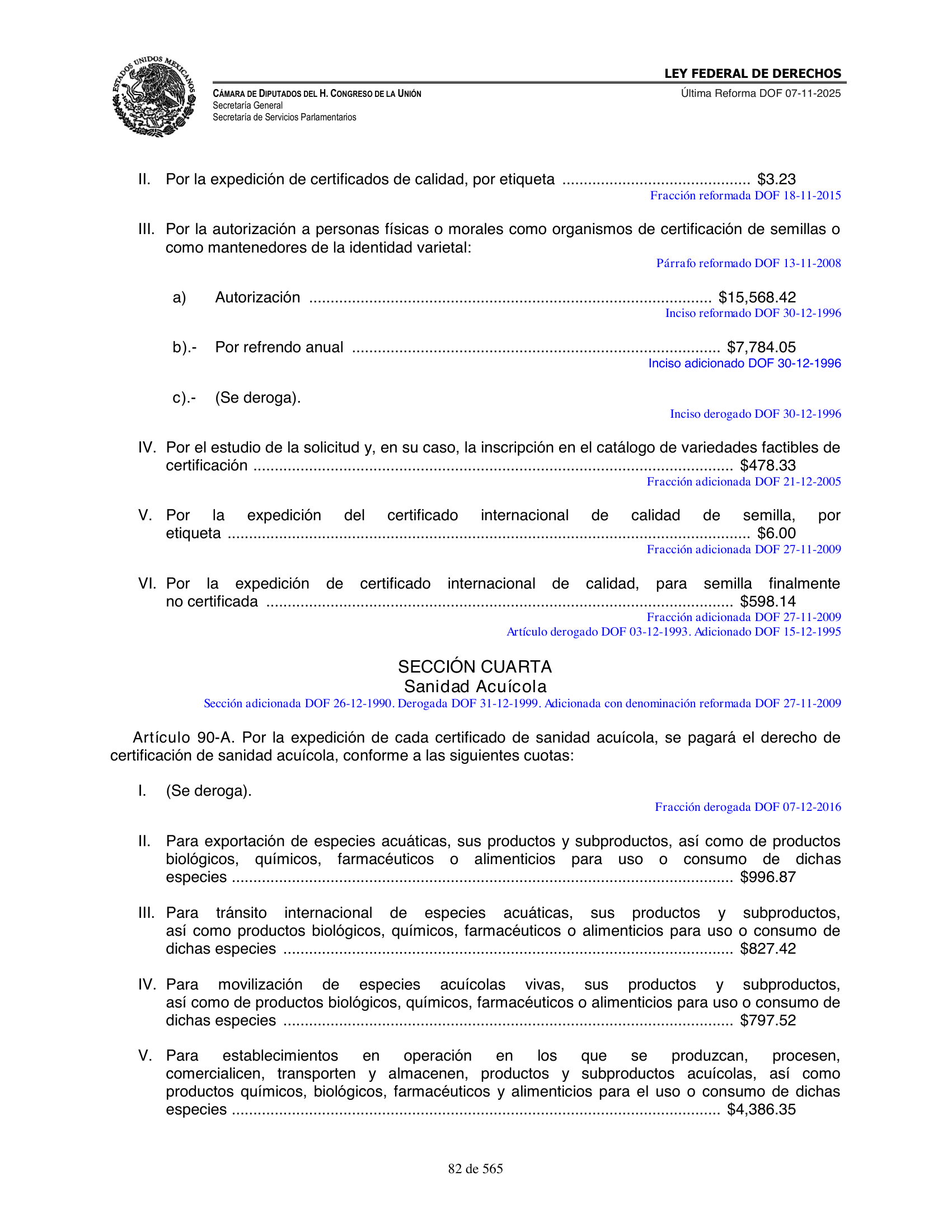 Ley Federal de Derechos — official Chamber compilation — original physical page 82 of 565; complete original page image governs, native search text may be incomplete.