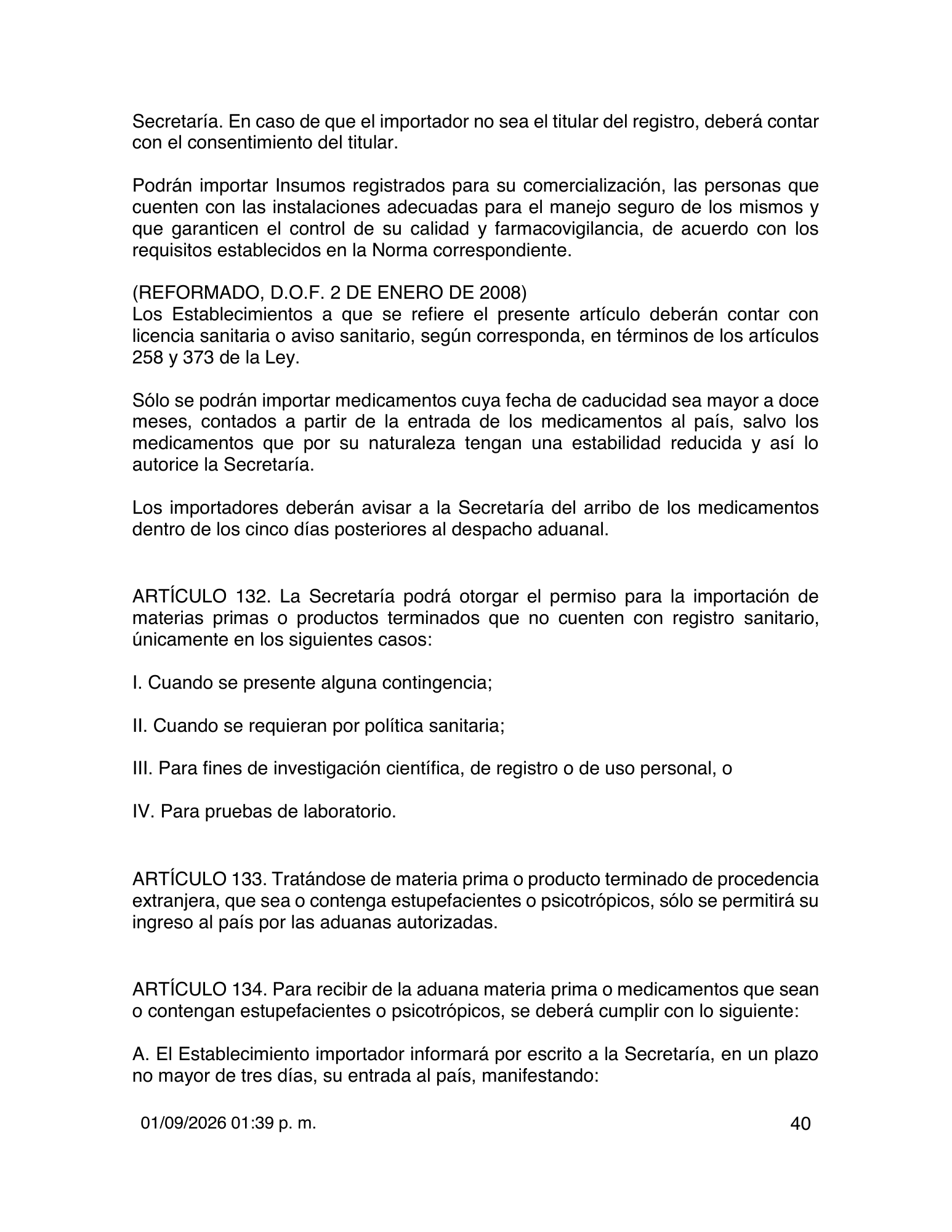 Reglamento de Insumos para la Salud — 2026 compiled expression — official PDF page 40