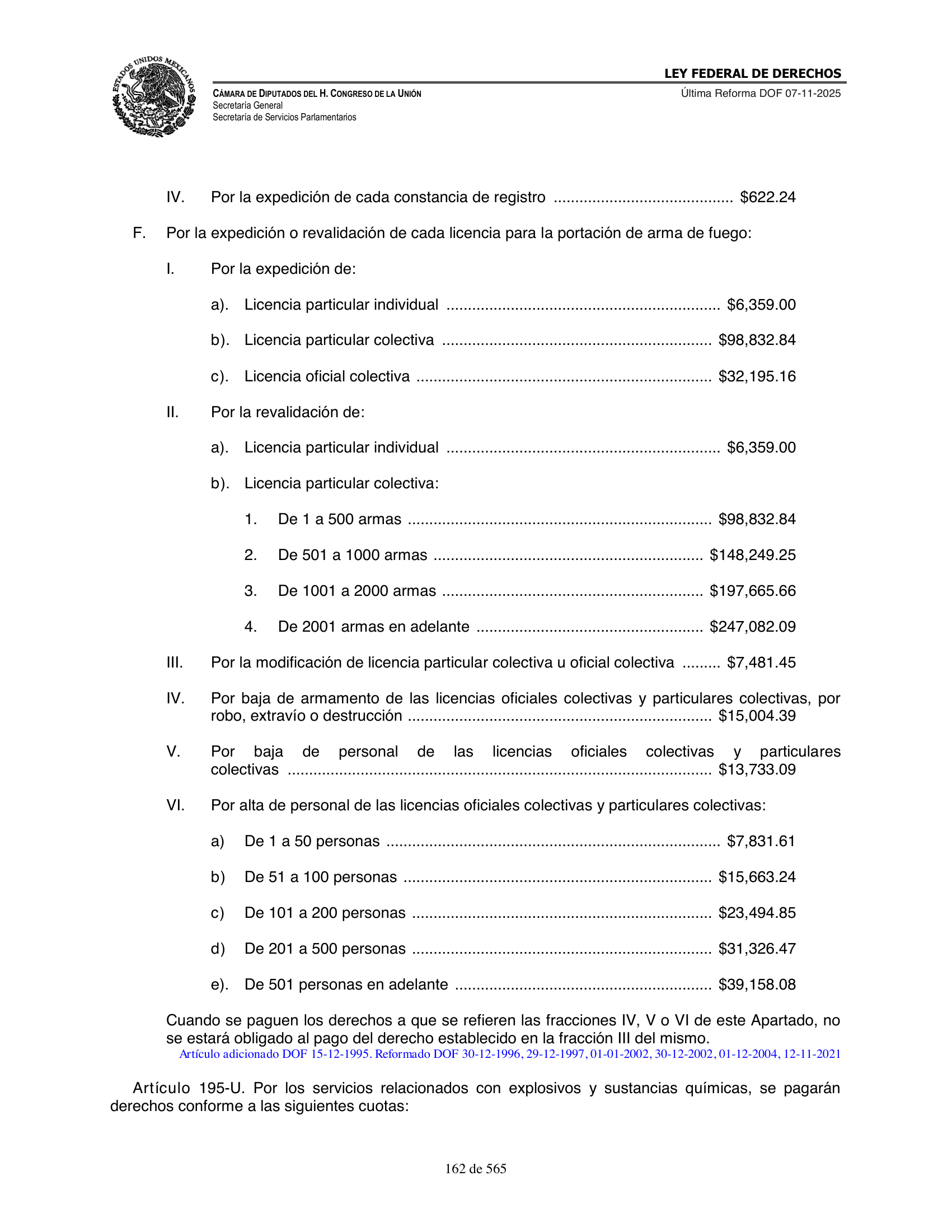 Ley Federal de Derechos — official Chamber compilation — original physical page 162 of 565; complete original page image governs, native search text may be incomplete.