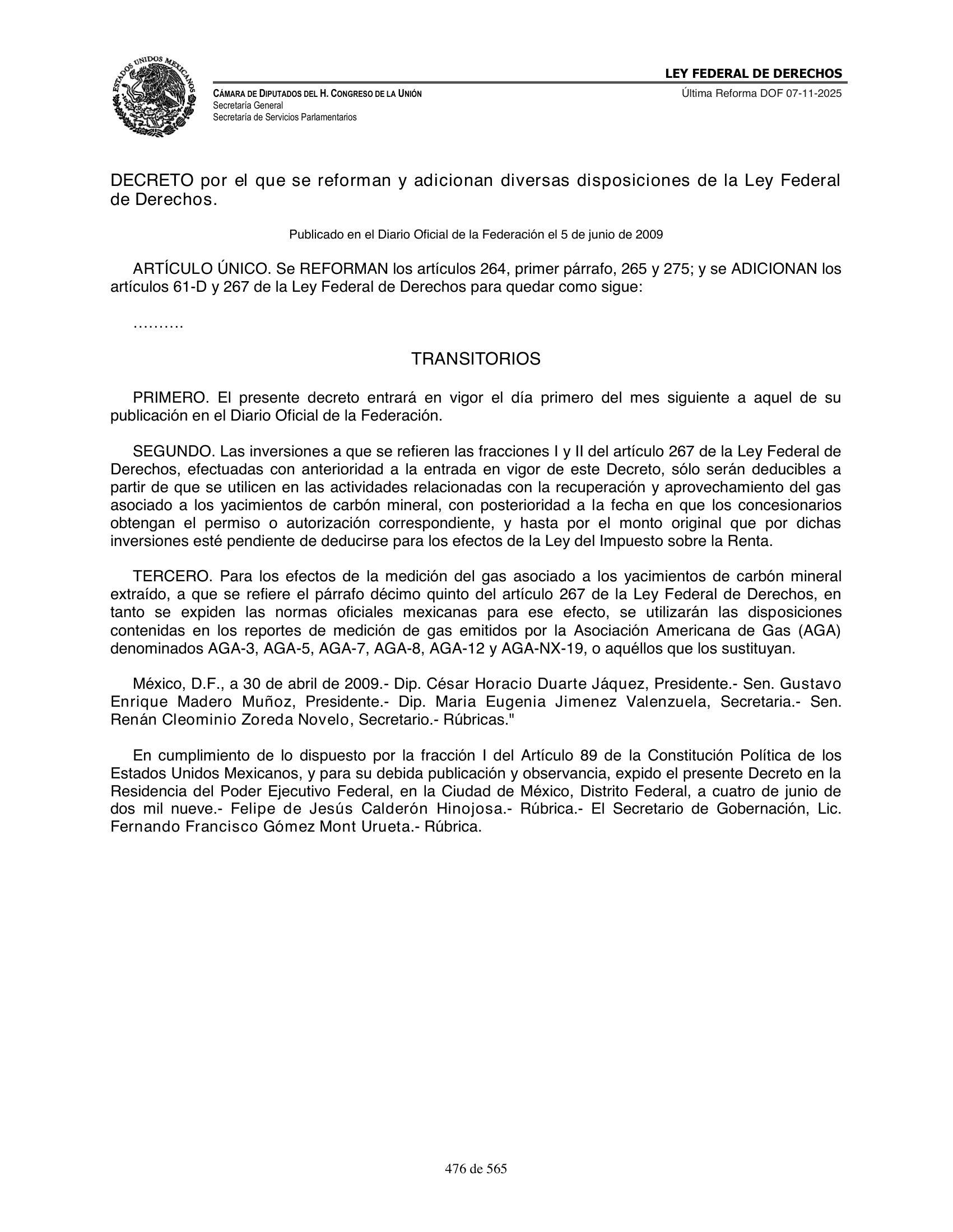 Ley Federal de Derechos — official Chamber compilation — original physical page 476 of 565; complete original page image governs, native search text may be incomplete.